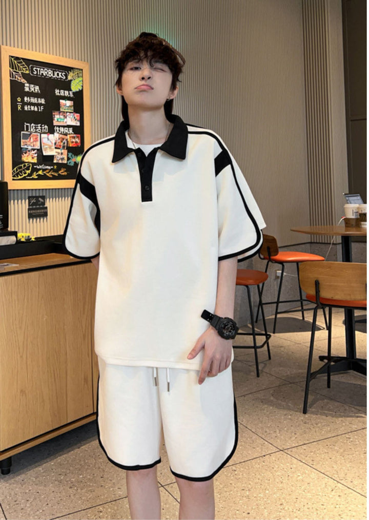 C-Drama Inspired Casual Luxe - Modern Athletic Polo T-Shirt and Shorts Set with Contrast Piping – BASIC