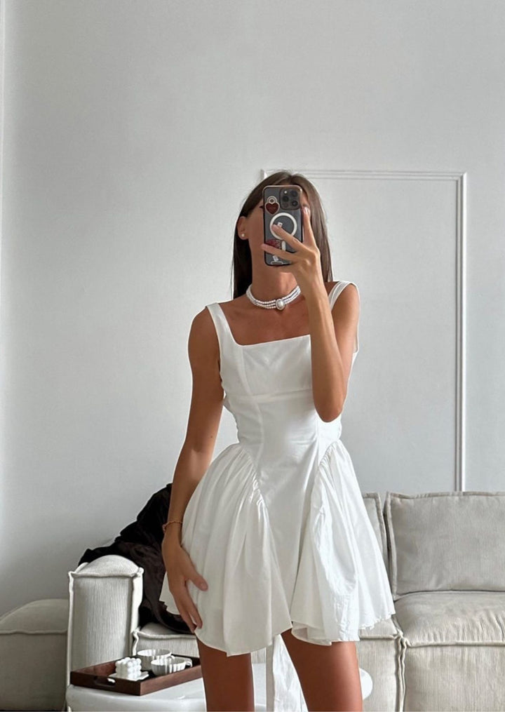 C-Drama Inspired Ethereal Mini Dress : White Side-Gathered Mini Dress with Square Neckline – BASIC