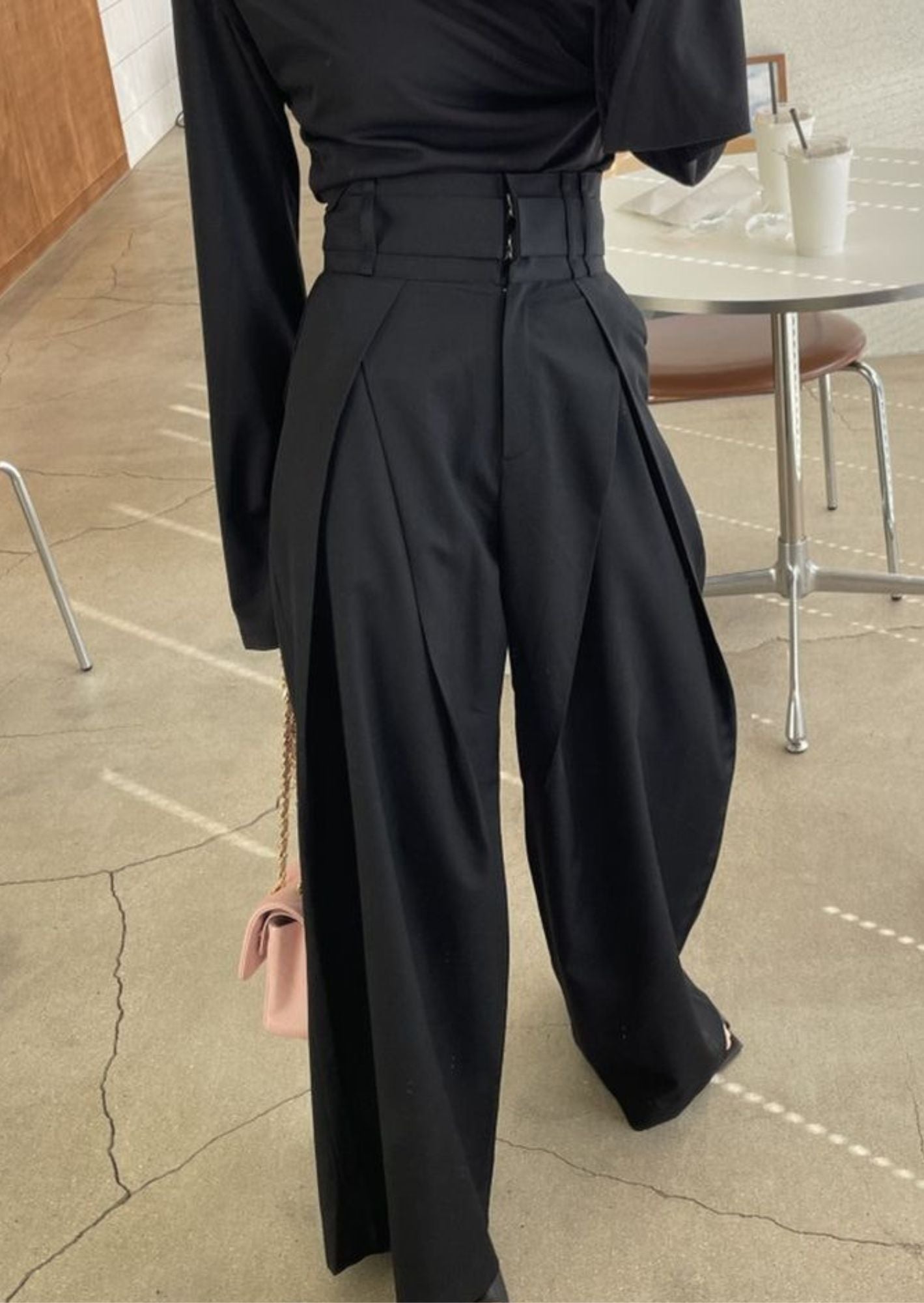 J-Drama Inspired Wide-Leg Trousers – High-Waisted Pleated Pants with Belted Waist Detail - BASIC