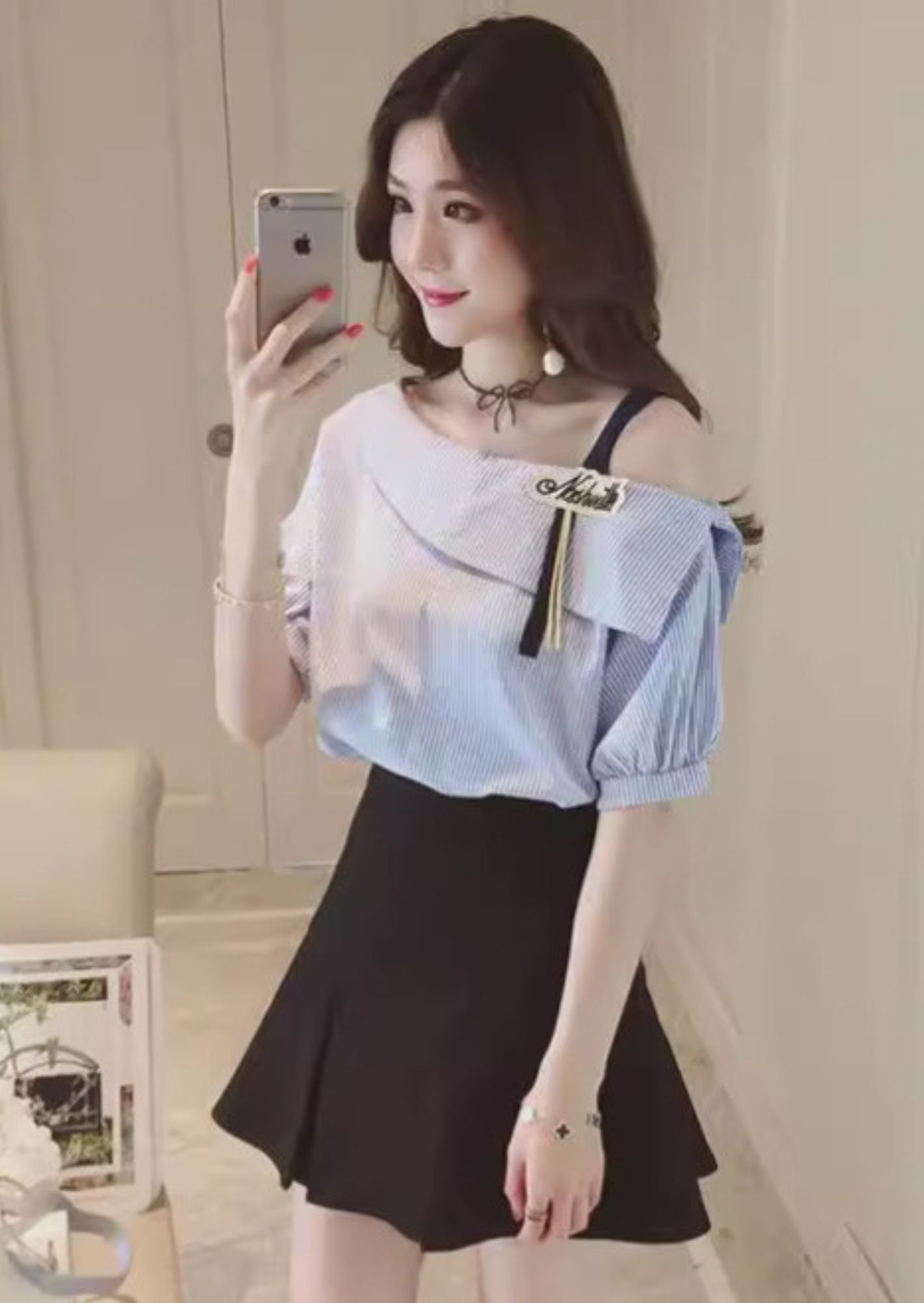 C-Drama Inspired Starlight Chic Top - Asymmetrical Stripes with Ribbon Strap Detail - BASIC