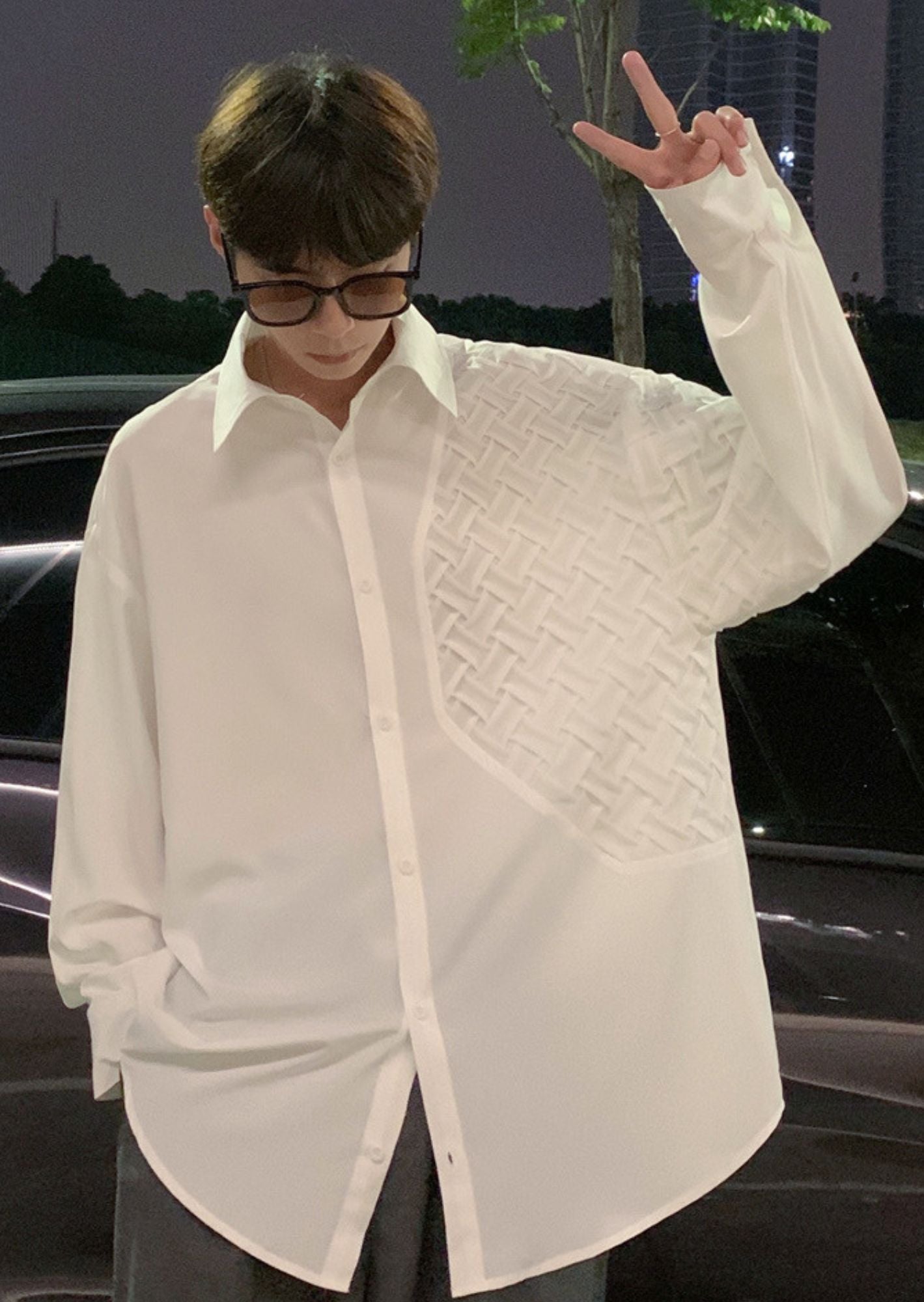 C-Drama Inspired Executive Statement : Asymmetrical White Shirt with Textured Shoulder Panel – Basic