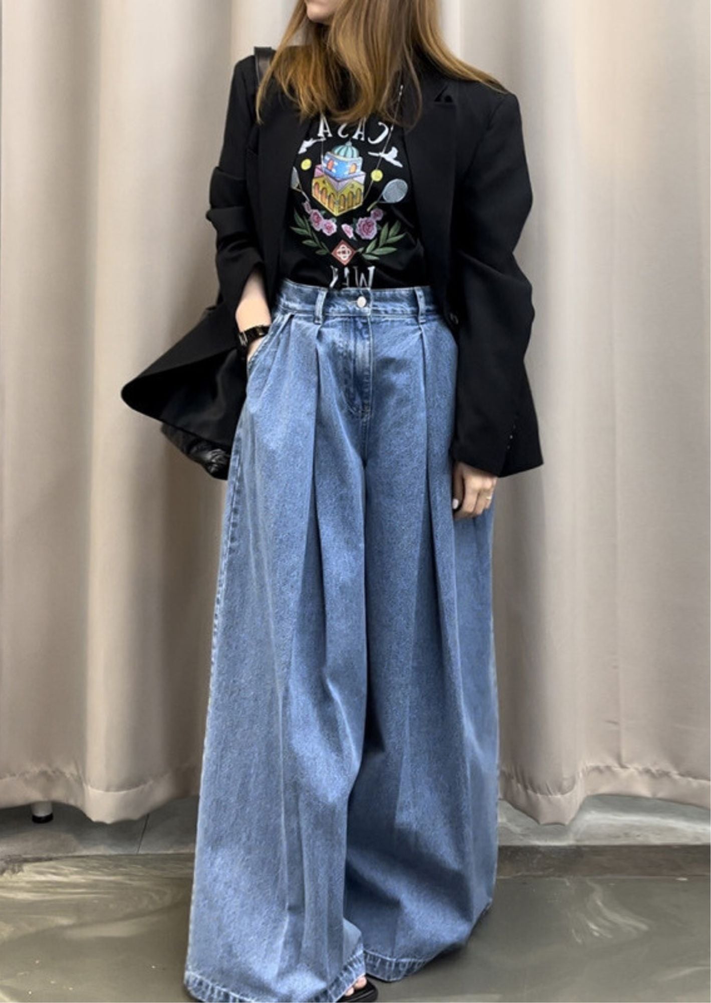 J-Drama Inspired Wide-Leg Denim Trousers – High-Waisted Pleated Jeans with Relaxed Silhouette - BASIC