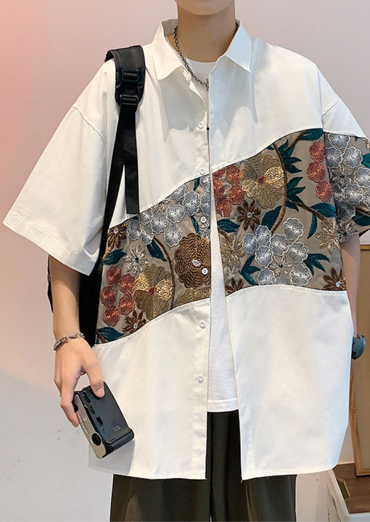 K-Drama Bloom : White Short Sleeve Shirt with Curved Floral Brocade Panel – BASIC