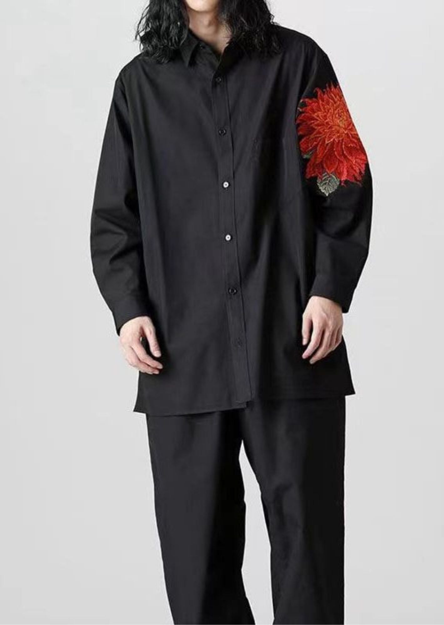 J-Drama Inspired Minimalist Elegance - Oversized Black Shirt with Floral Embroidered Sleeve Patch – BASIC