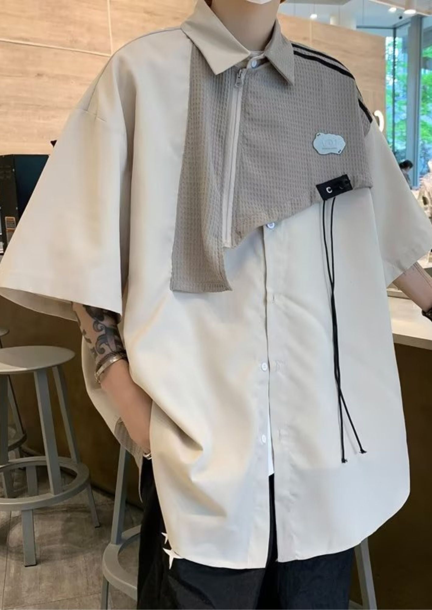 C-Drama Inspired Urban wear - Double-Layered Shirt with Asymmetric Zipper Overlay and Button Closure – BASIC