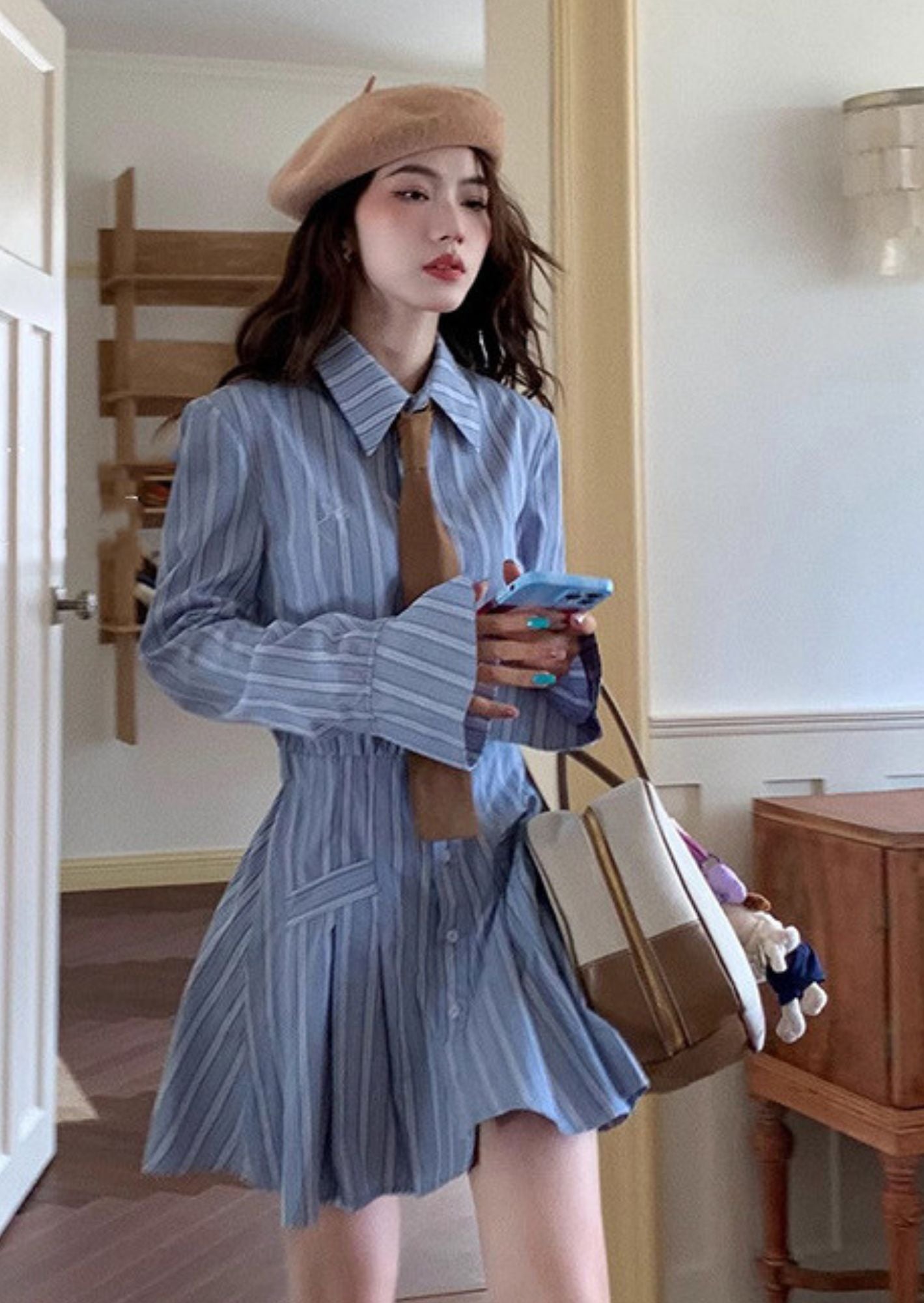 K-Drama Inspired Elegant Street Style - Chic Striped Shirt Dress with Flared Hem – BASIC