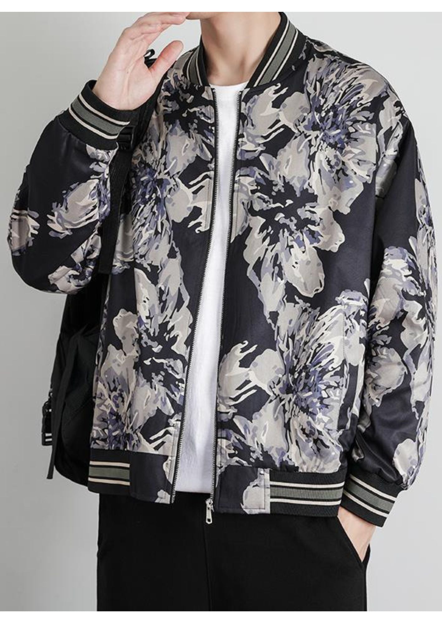 K-Drama Inspired Street-Style Statement : Luxe Floral Bomber Jacket with Monochrome Petal Print –  BASIC