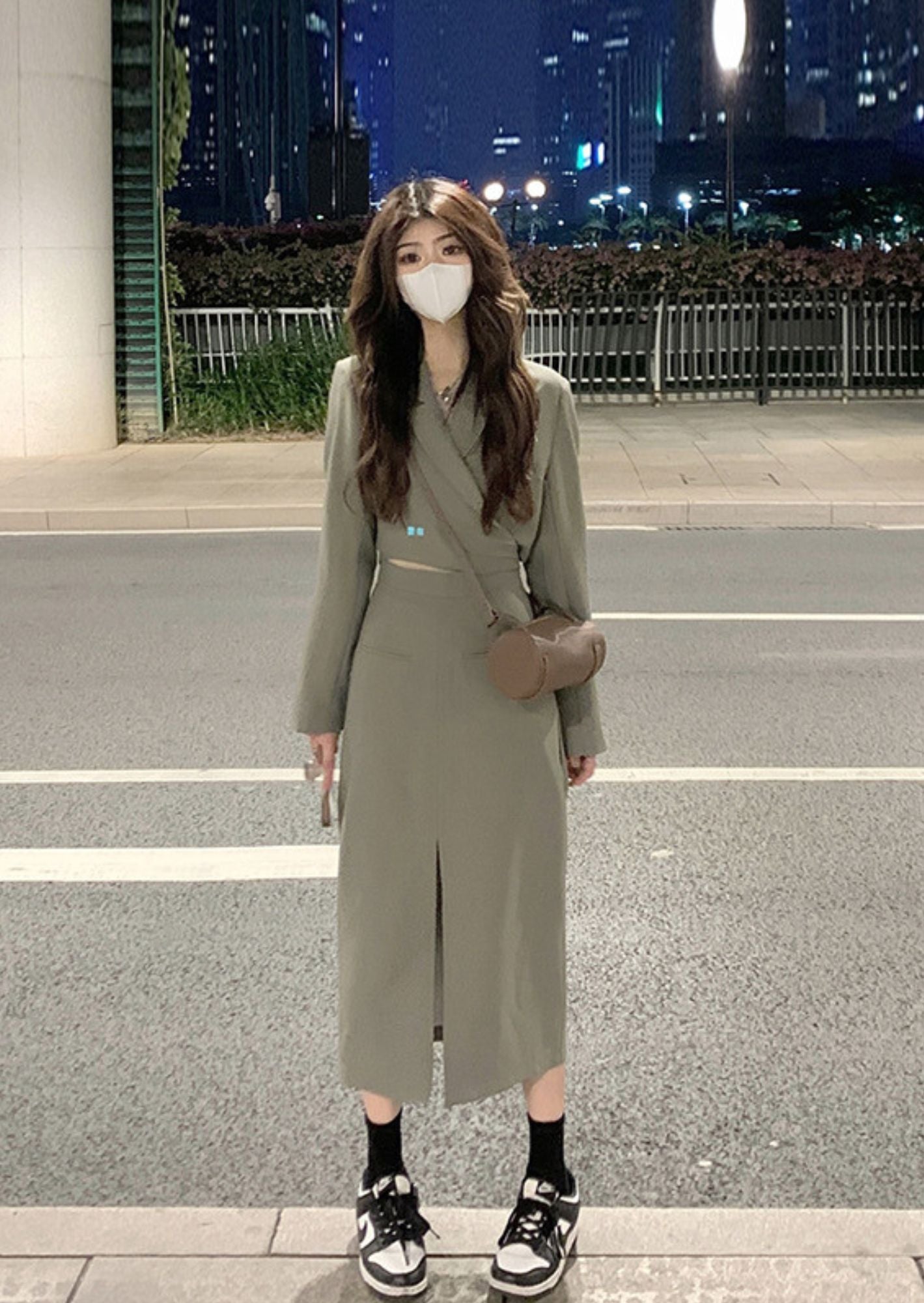 K-Drama Inspired Cross Body Cropped Jacket + Mid Length Split Skirt Set