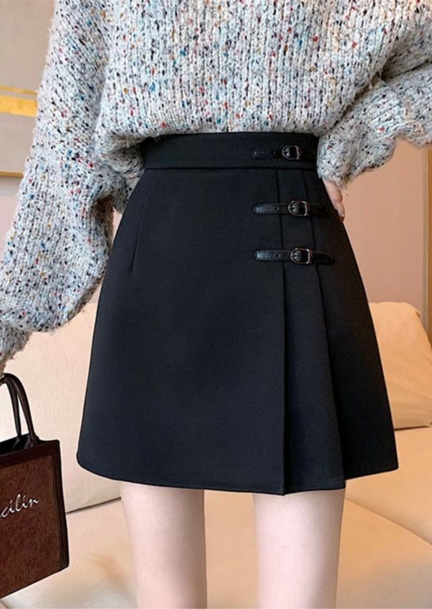 K-Pop Inspired A-Line Pleated Mini Skirt with Belted Closure