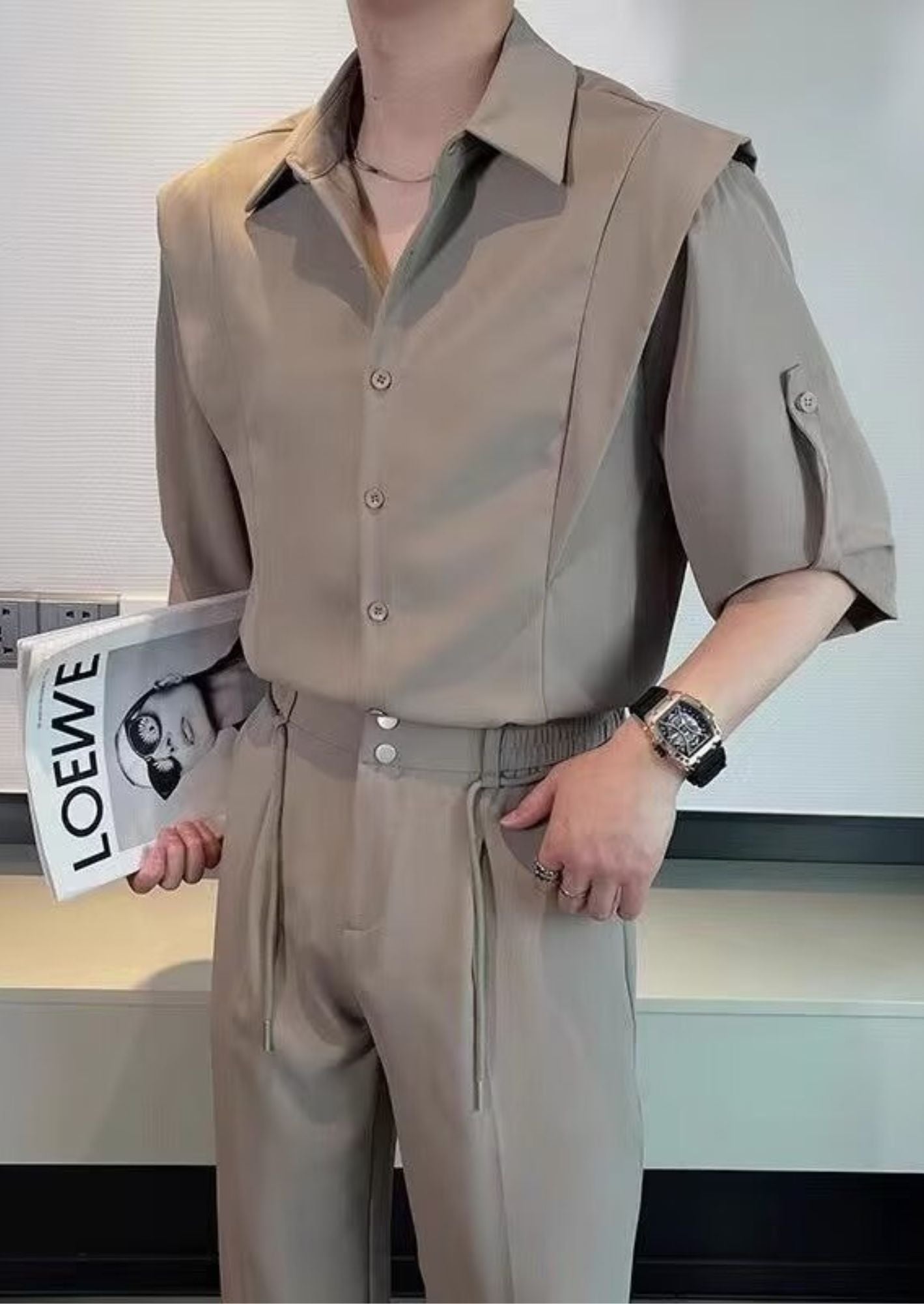 K-Drama-Inspired Contemporary Elegance - Taupe Shirt with Layered Shoulder Detailing – BASIC