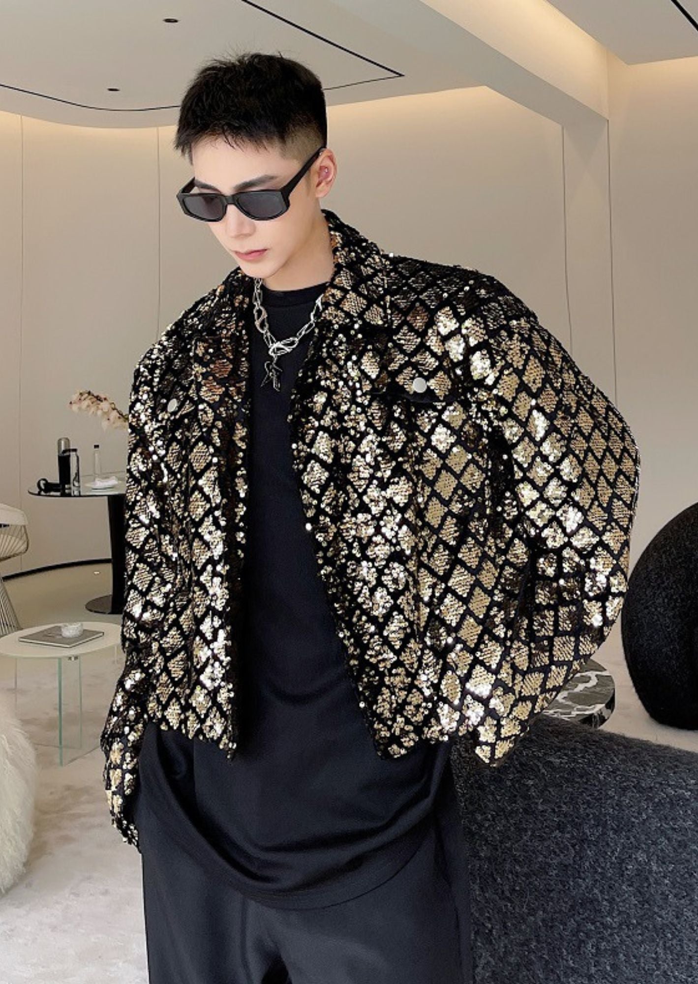 C-Drama Inspired Heavy Gold Sequin Embroidered Loose Fit Jacket