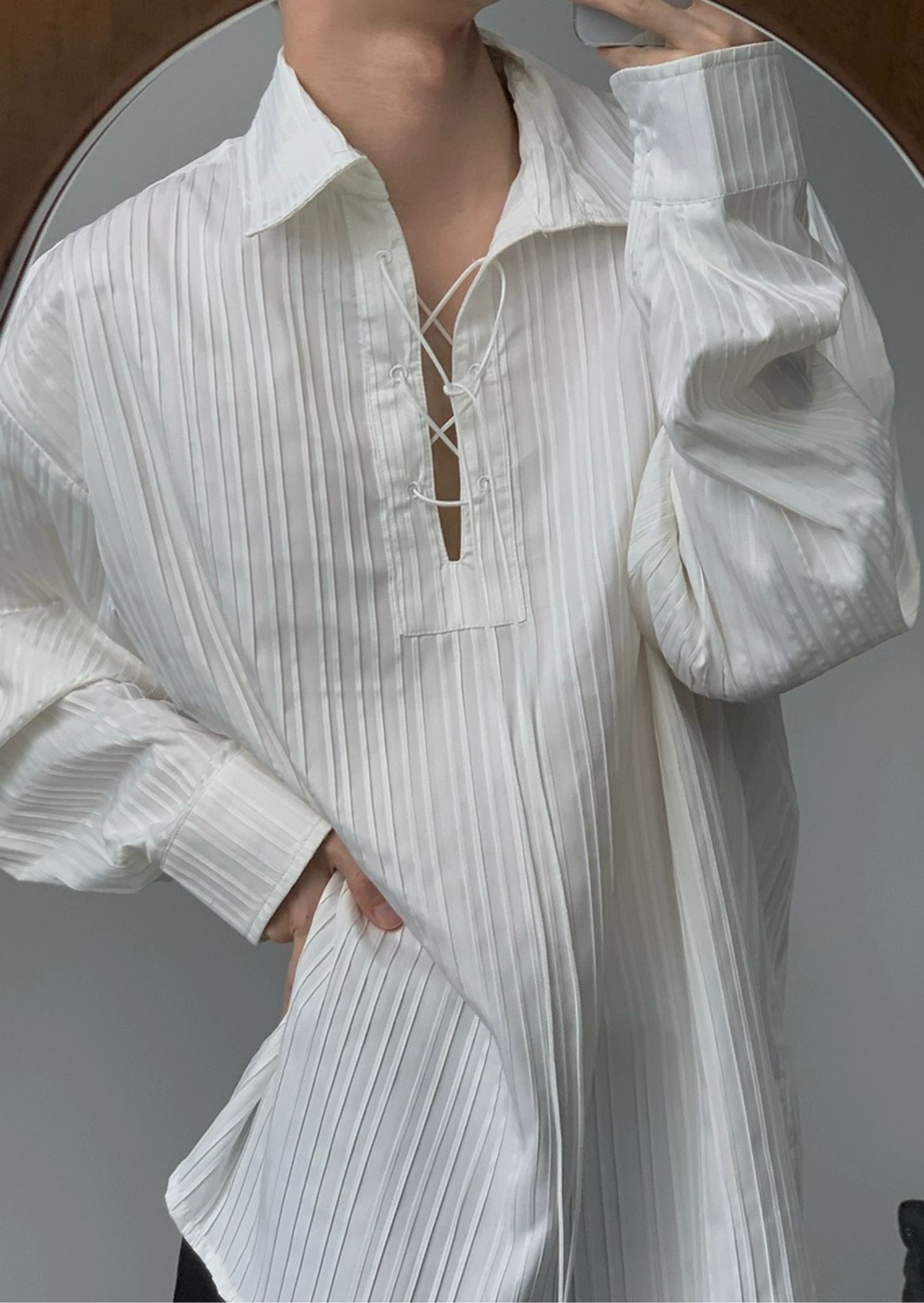 J-Drama-Inspired Minimalist Aesthetic - White Lace-Up Collar Shirt with Relaxed Silhouette – BASIC