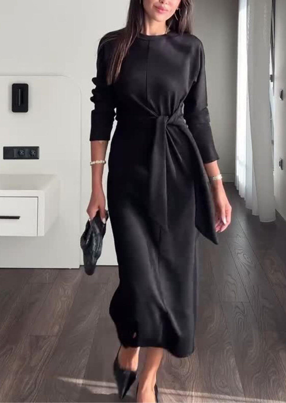 Round Neck Long Sleeve Tie Up Long Dress