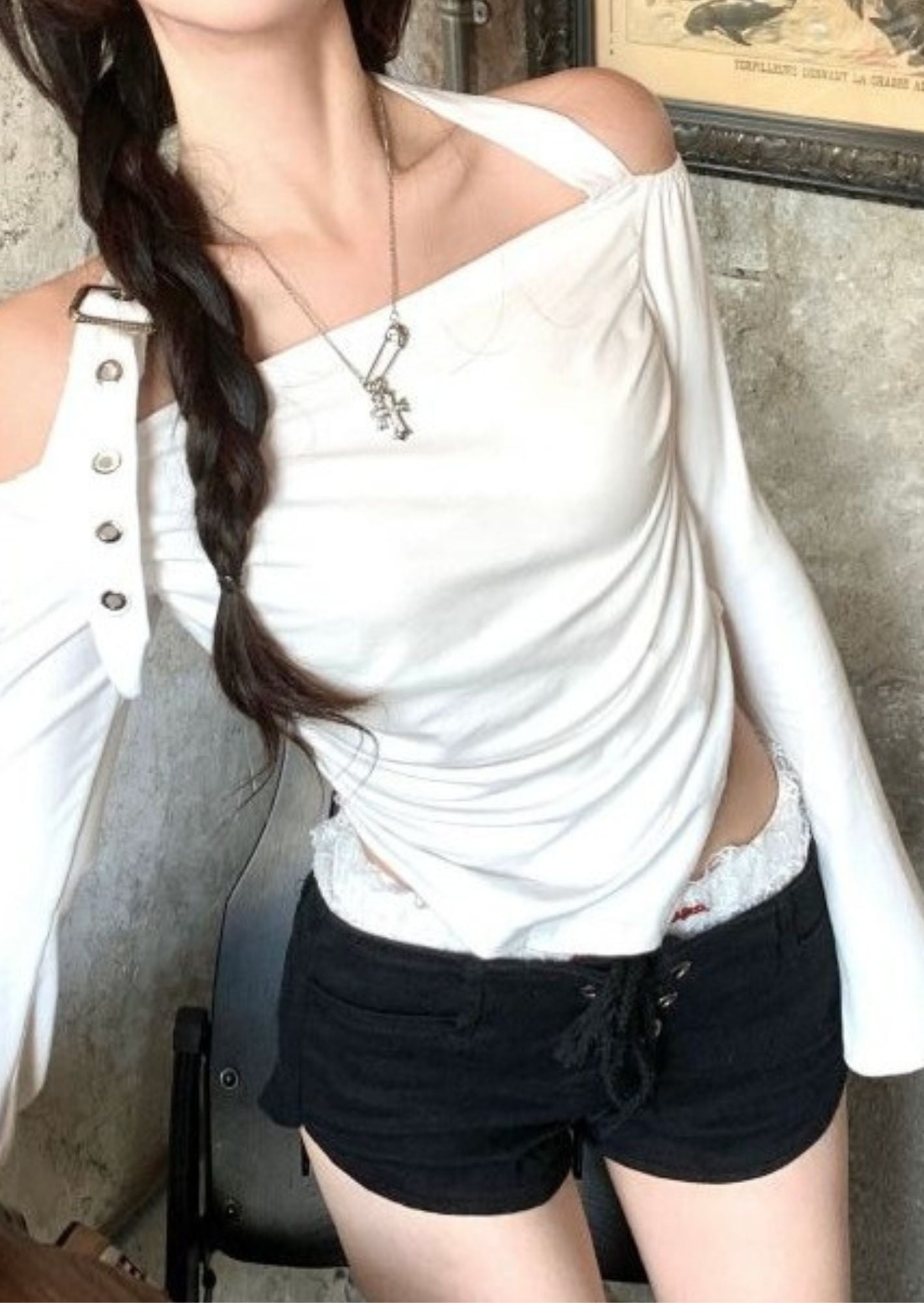 K-Drama-Inspired Urban Chic - Asymmetrical Off-Shoulder Belted Strap Top – BASIC