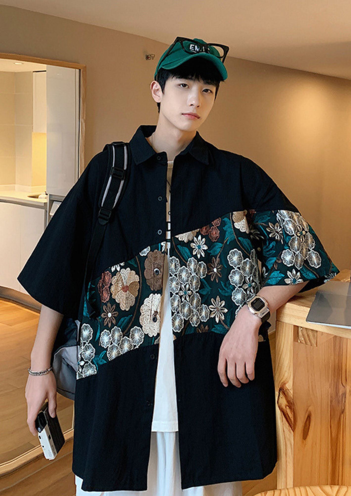 K-Drama Bloom : White Short Sleeve Shirt with Curved Floral Brocade Panel – BASIC