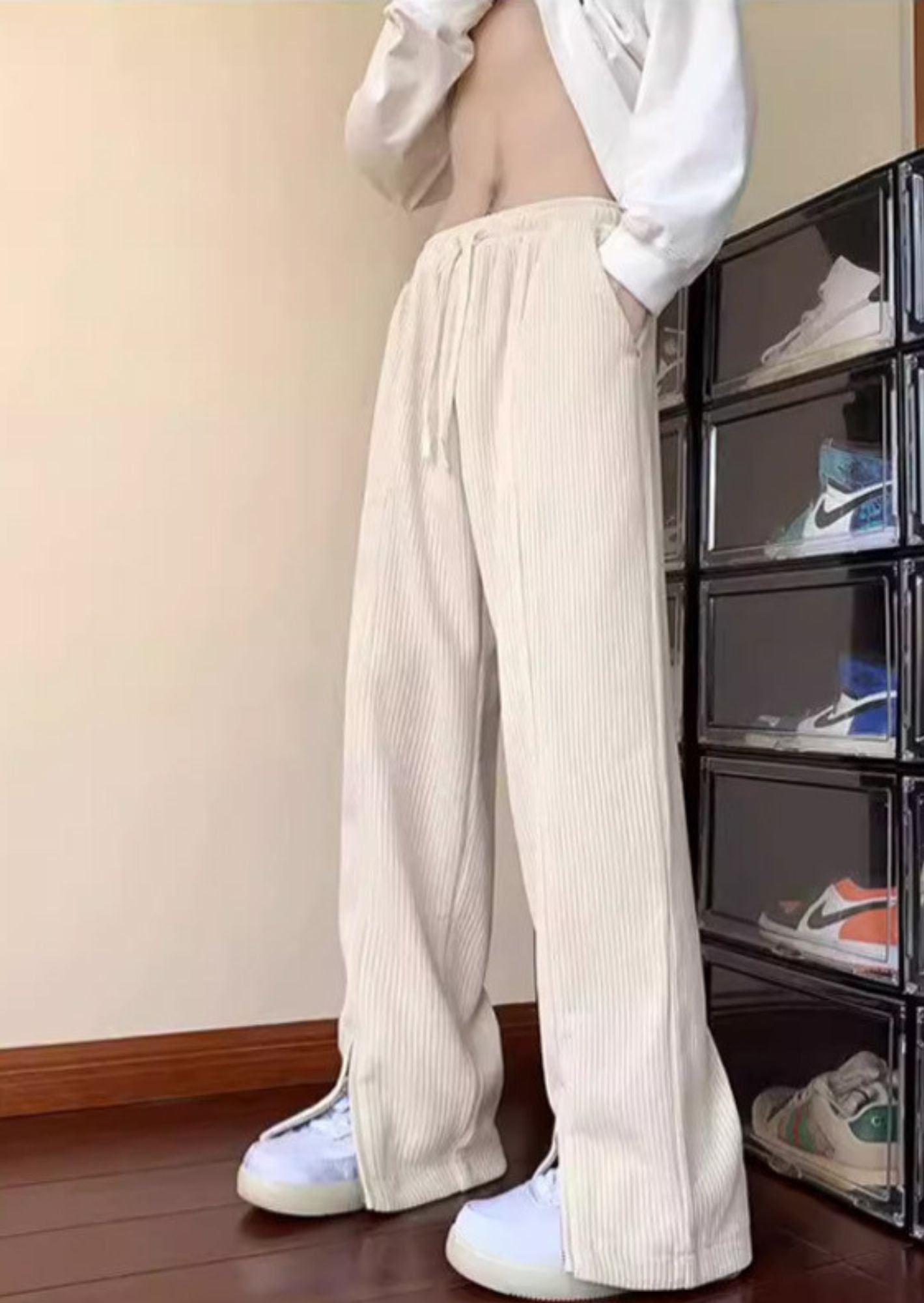 C-Drama Inspired Corduroy Wide Leg Pant with Zipper Detail at Hem