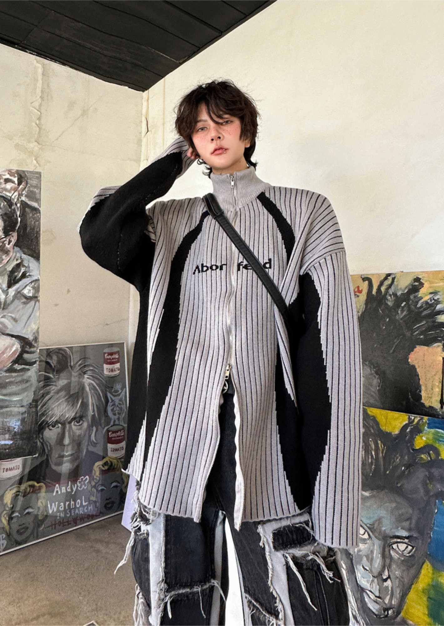 J-Drama Inspired Color Blocking Loose Cardigan with Front Zipper Opening