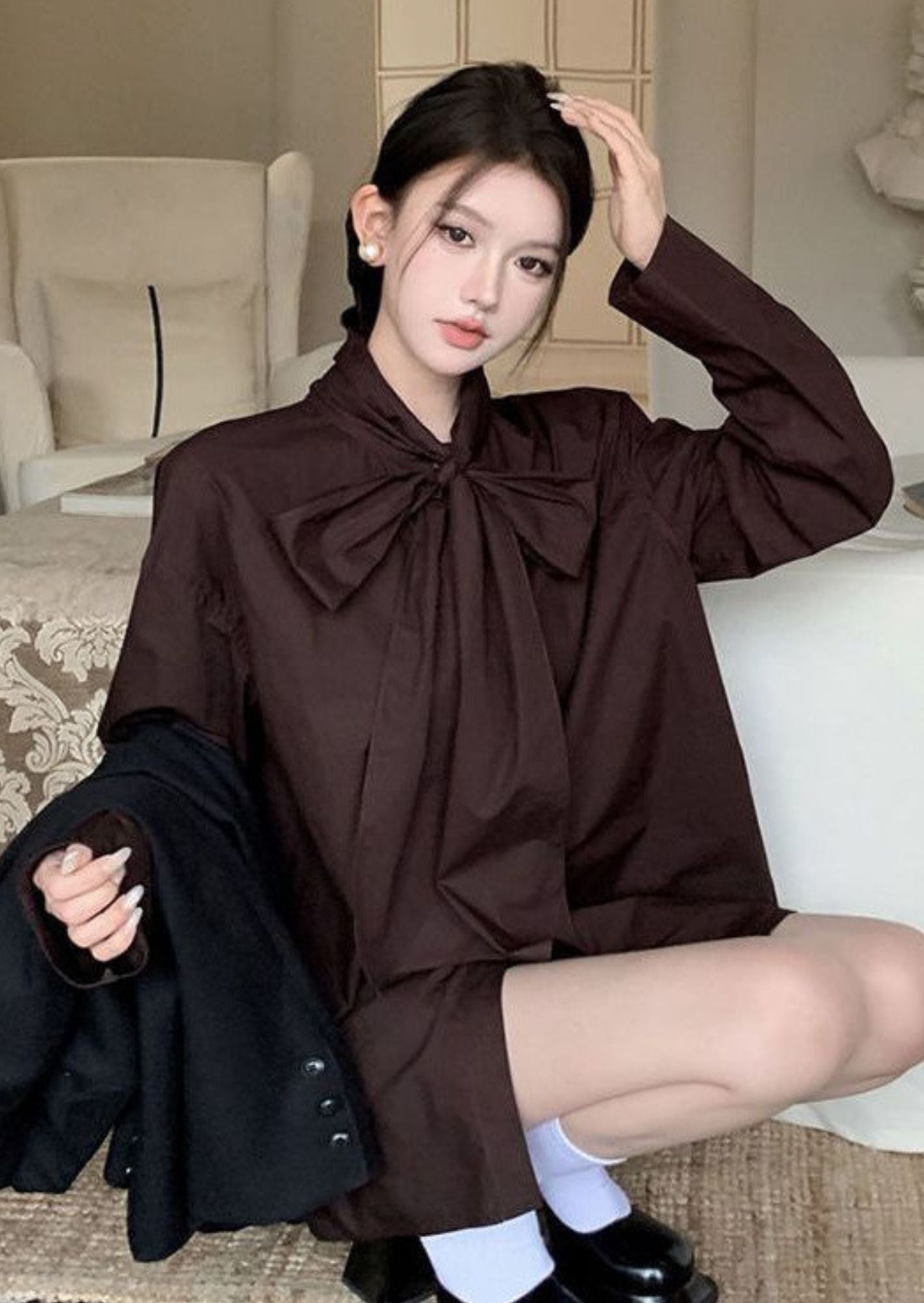 C-Drama Inspired Tie Strap Collar Shirt