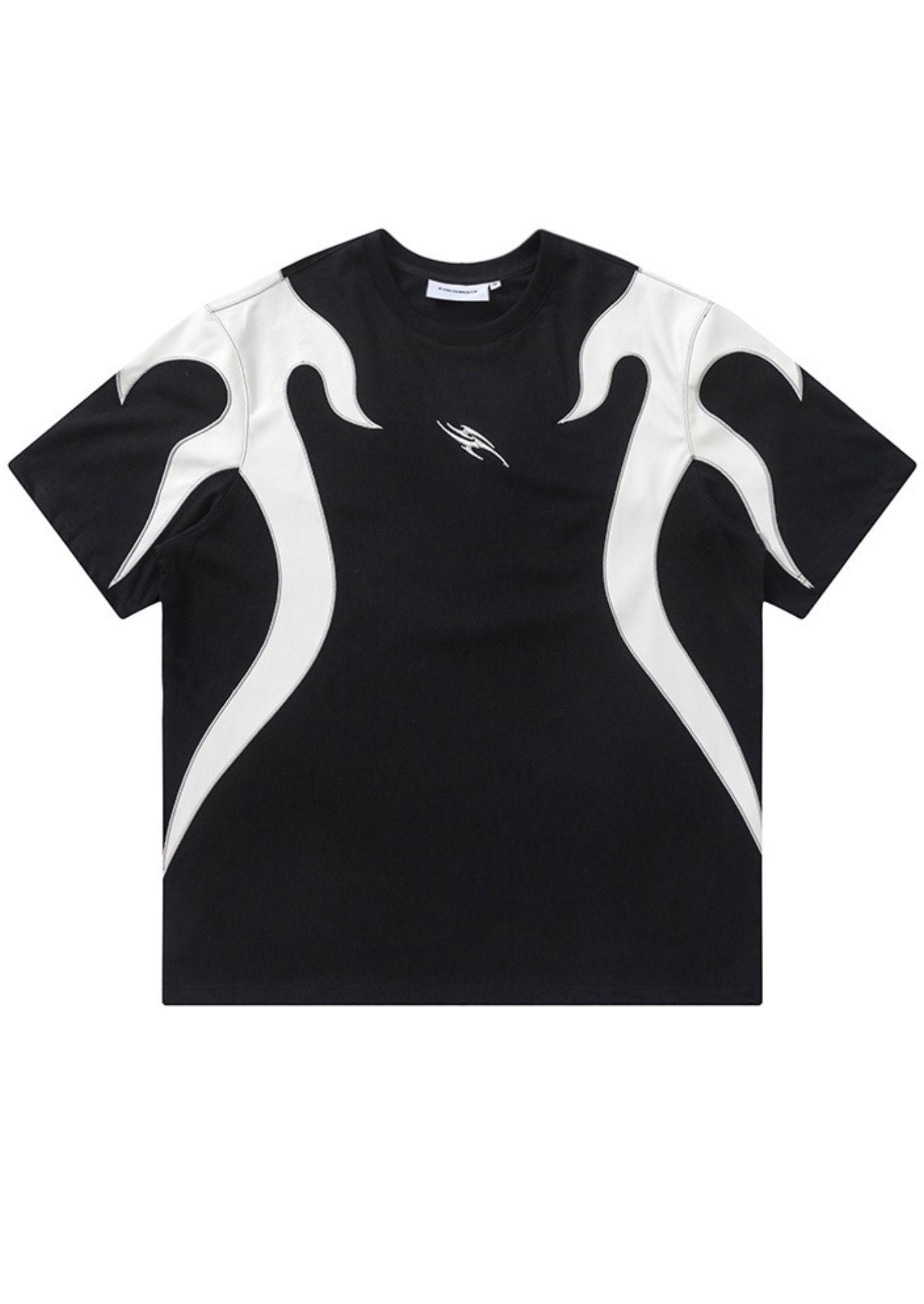 J-Drama Inspired Streetwear Vibe : Black Flame-Paneled T-Shirt with White Contrast Patches – BASIC