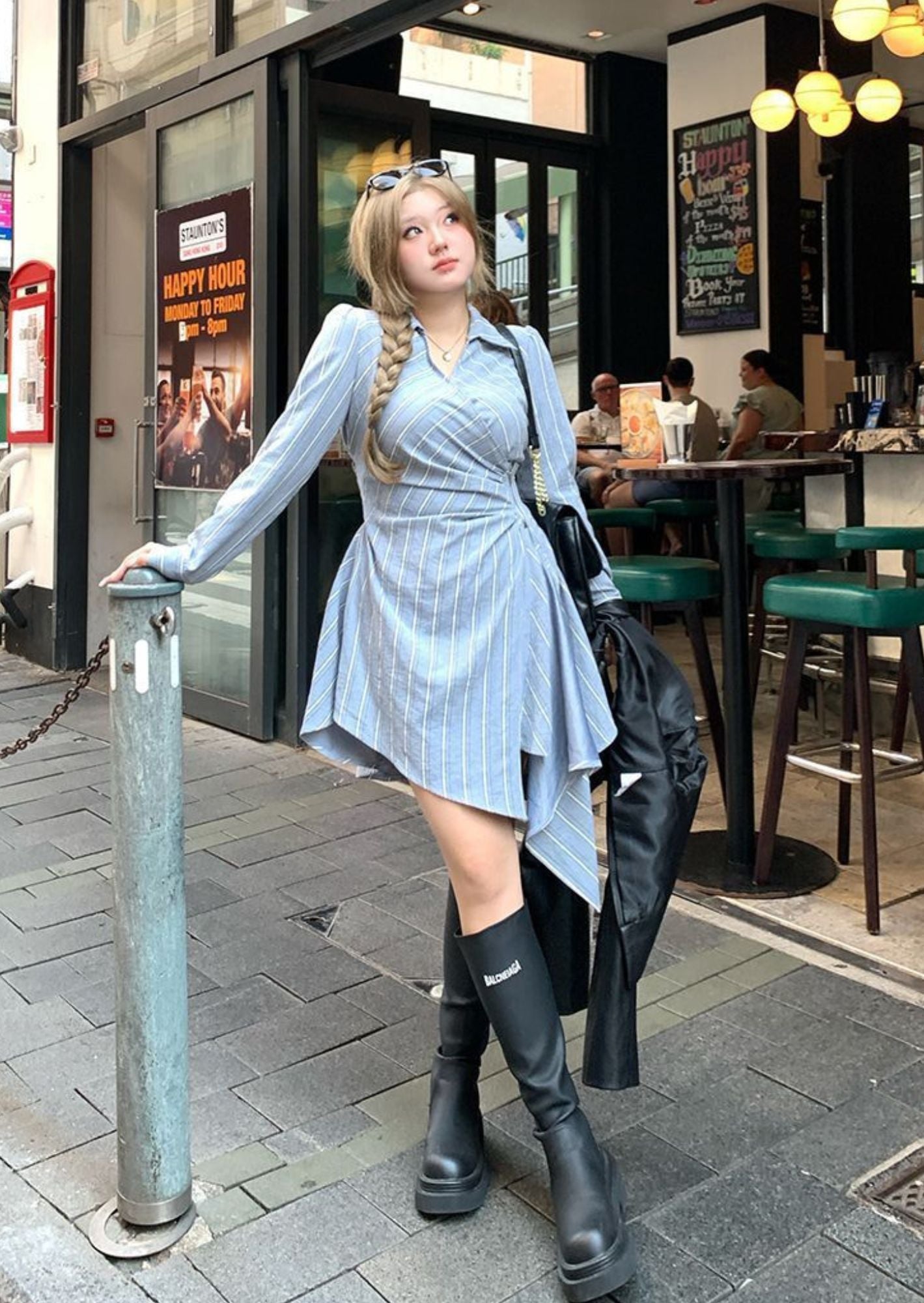 K-Drama Inspired Shirt Dress with Pleats at the Side and Asymmetrical Hem