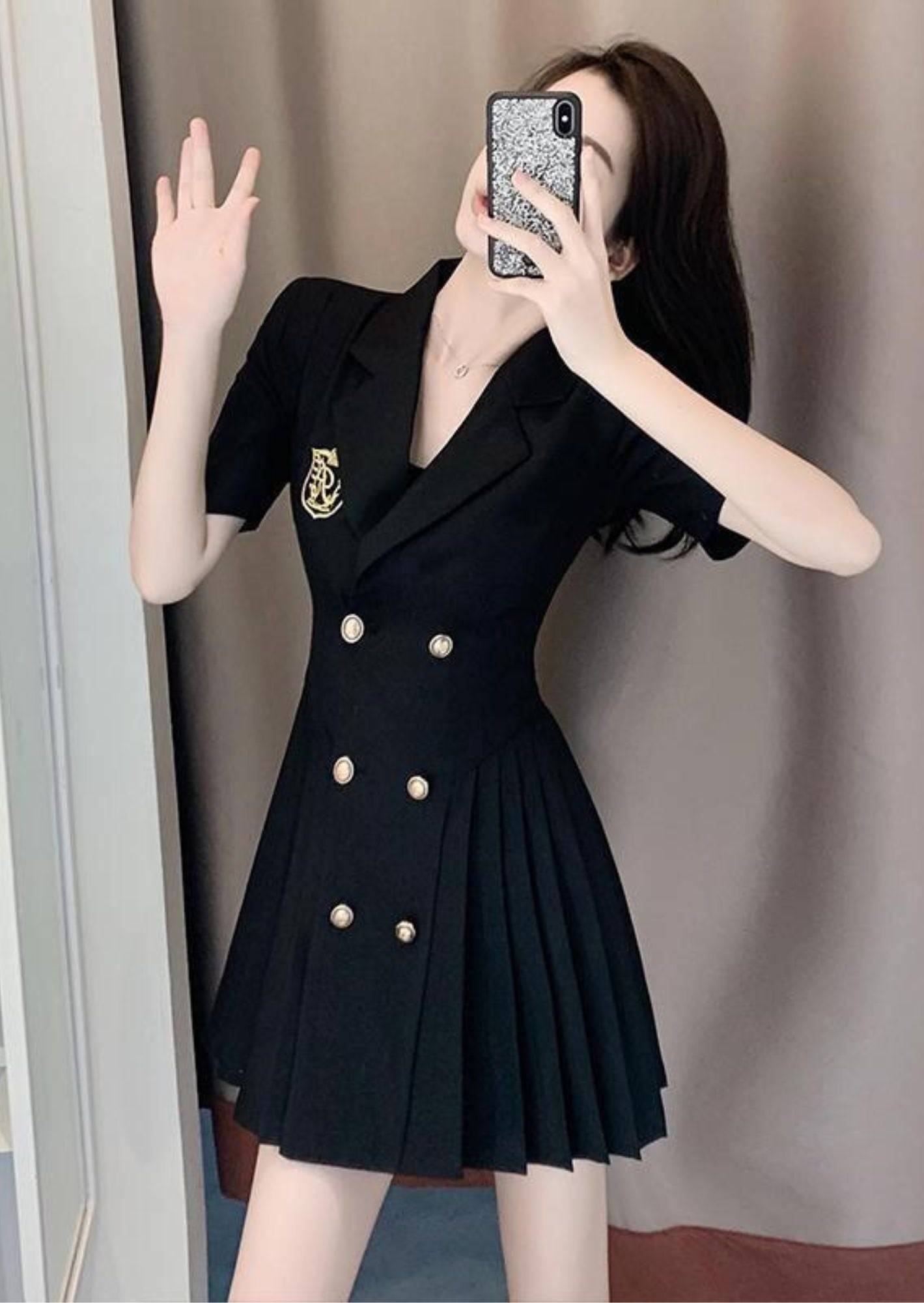 K-Drama CEO Chic Edition - Structured Pleated Blazer Dress with Gold Buttons – BASIC