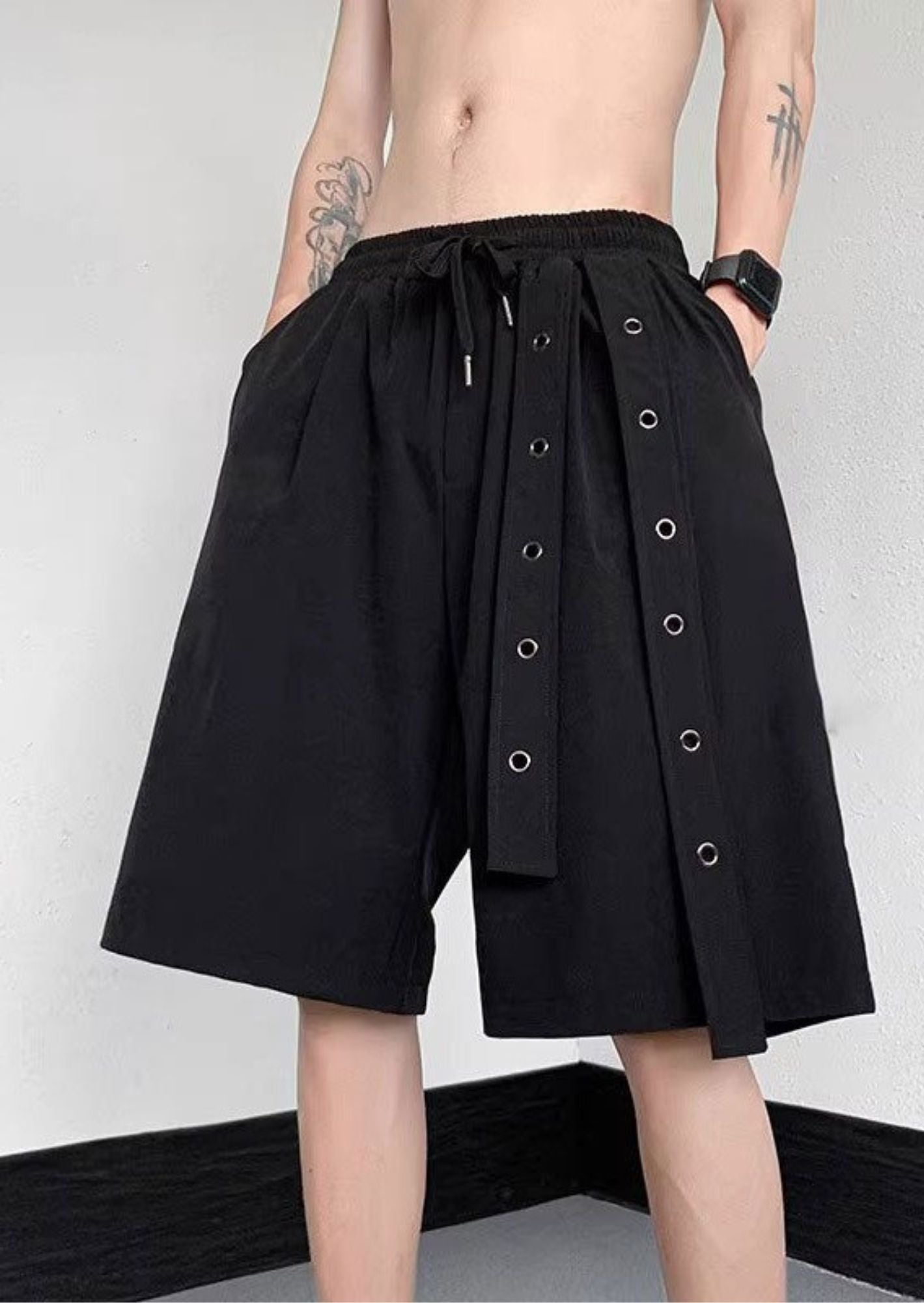 J-Drama Inspired Urban Minimalism : Black Relaxed Shorts with Eyelet Strap Detailing – BASIC