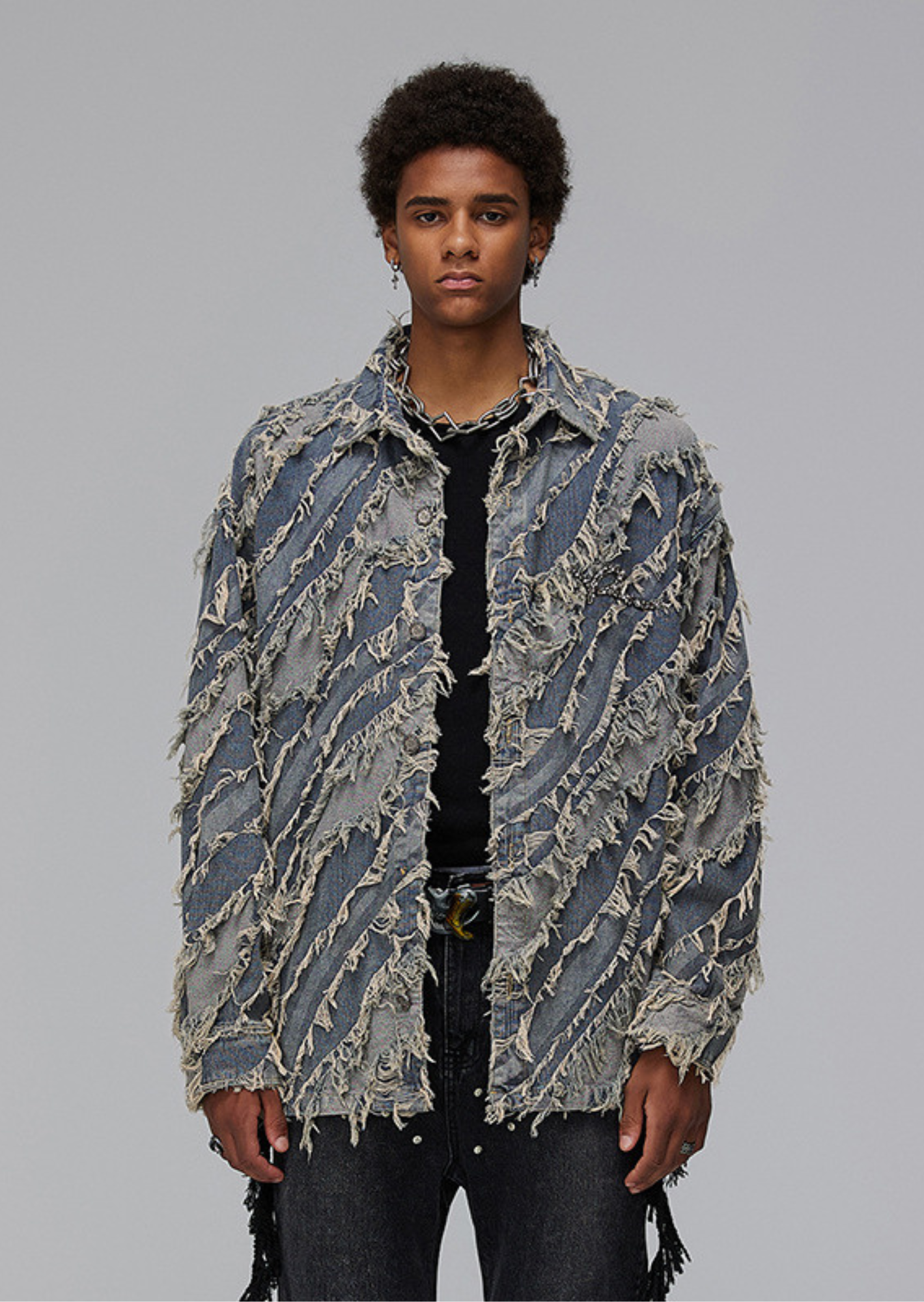 J-Drama Inspired Streetwear Statement : Textured Paneled Denim Jacket with Raw Frayed Detailing – BASIC