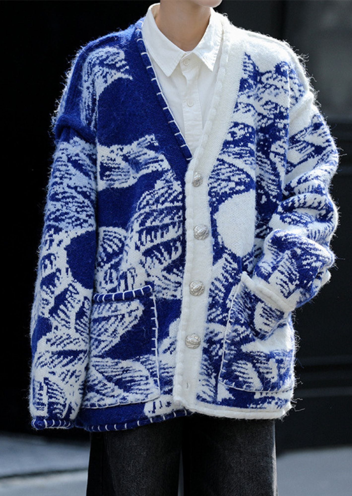 C-Drama Inspired Artistic Outerwear - Rope-Printed Knit Cardigan with Button Detailing and Blanket Stitch Accents – BASIC