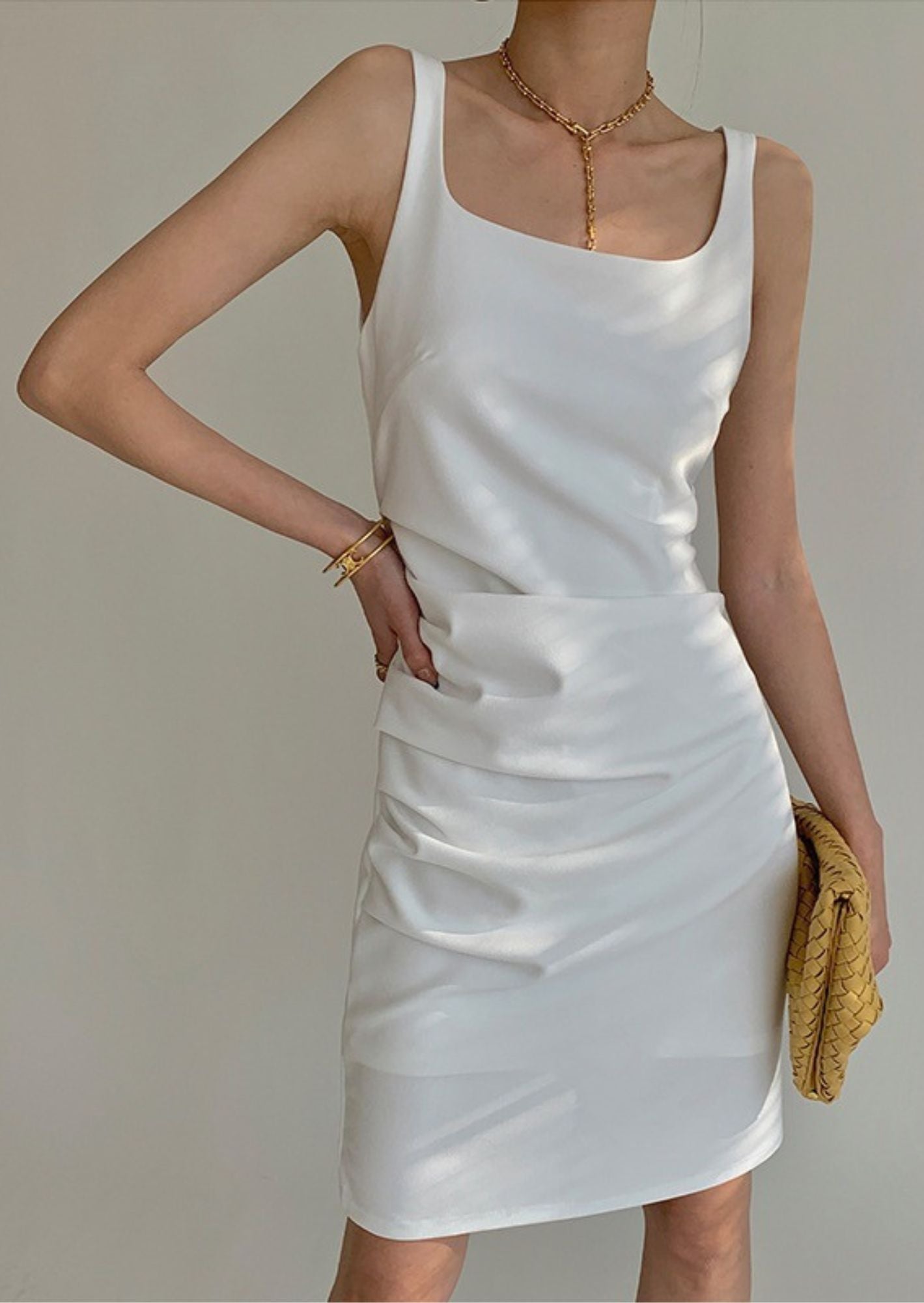 Paris Runway Elegance Inspired : Sleeveless Front-Gathered White Bodycon Dress – BASIC