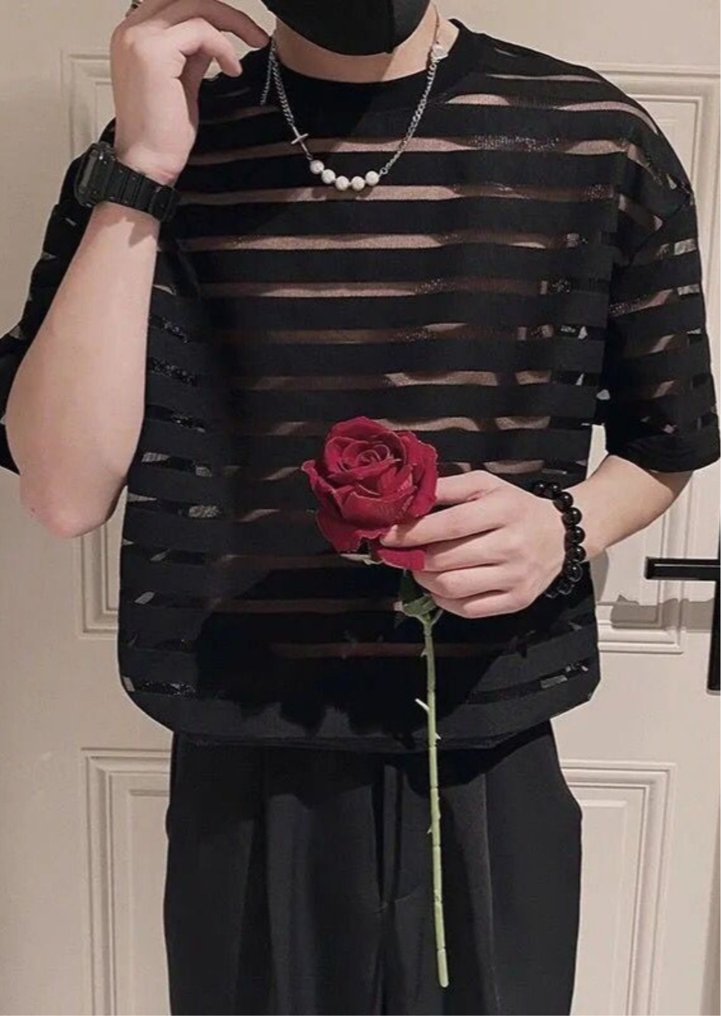 K-Drama Inspired Romantic Mystery : Black Sheer Striped Mesh Tee –  BASIC