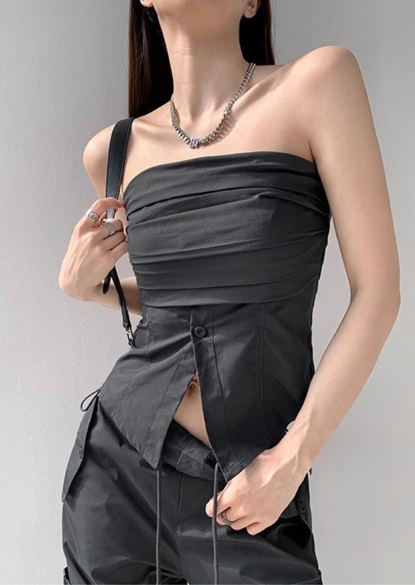 K-Fashion Chic with Edgy Elegance- Pleated Corset-Inspired Strapless Top- BASIC
