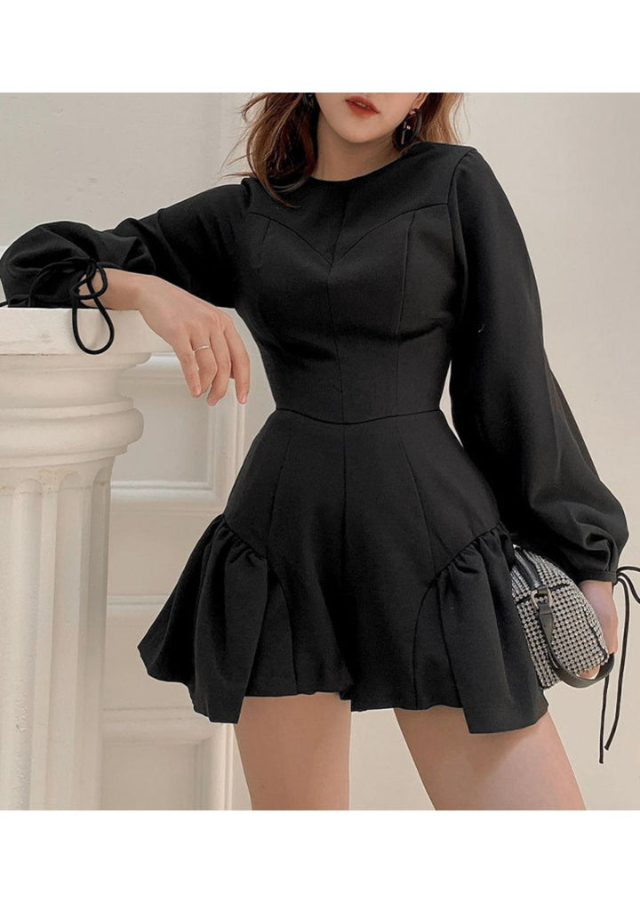 Gathered Bottom Deep V Back Neck Short Dress