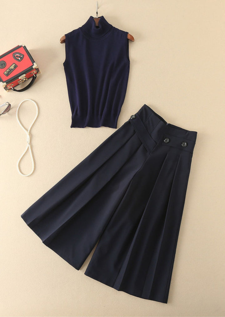 High-Neck Sleeveless Top + Wide-Leg Mid-Length Pants Set