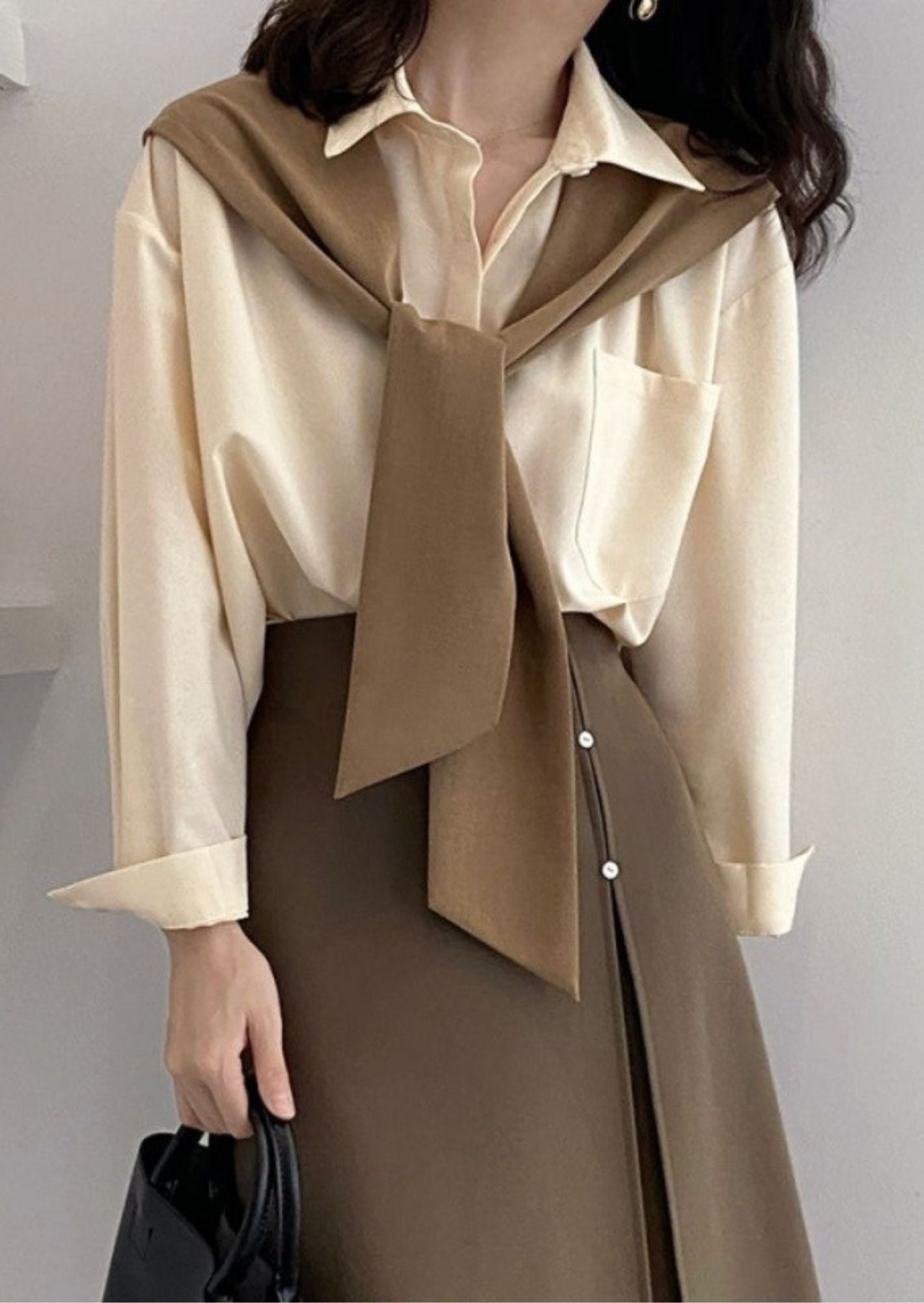 K-Drama Inspired Long Sleeve Shirt with Fake Shawl Splicing at the Shoulder