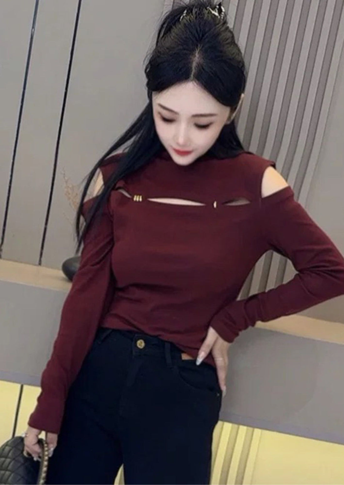 Long Sleeve Turtle Neck Cutout Top