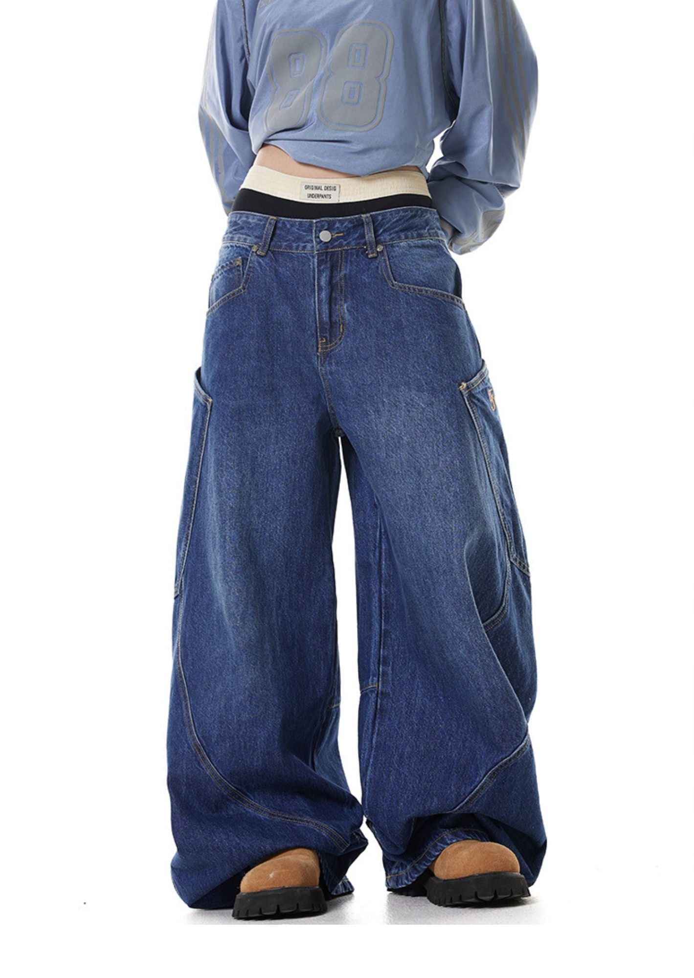 J-Drama Inspired Wide Leg  Jeans with Side Pocket and irregular Hem