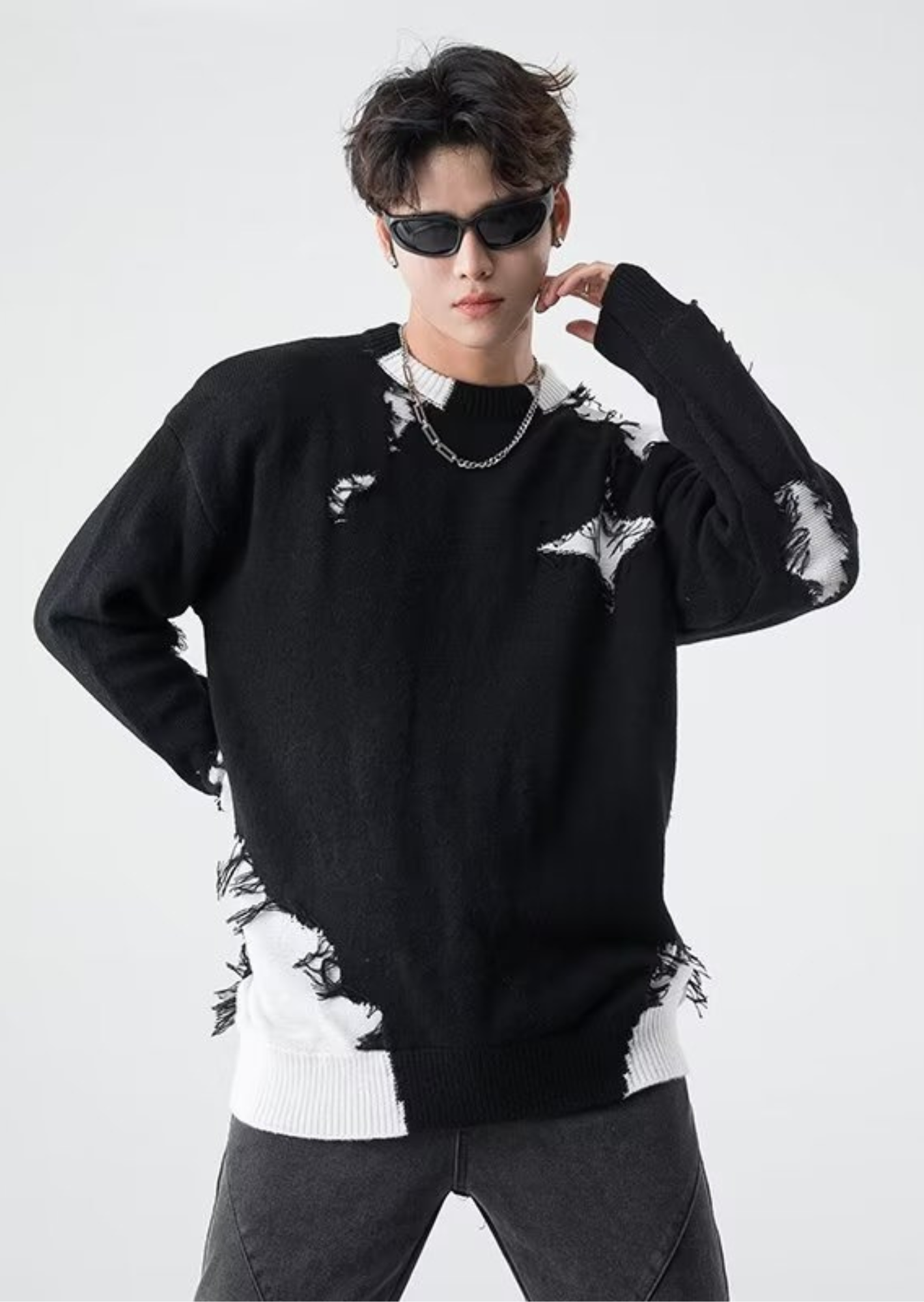 K-Drama Inspired Grunge Luxe - Distressed Color Block Knitted Sweatshirt –  BASIC