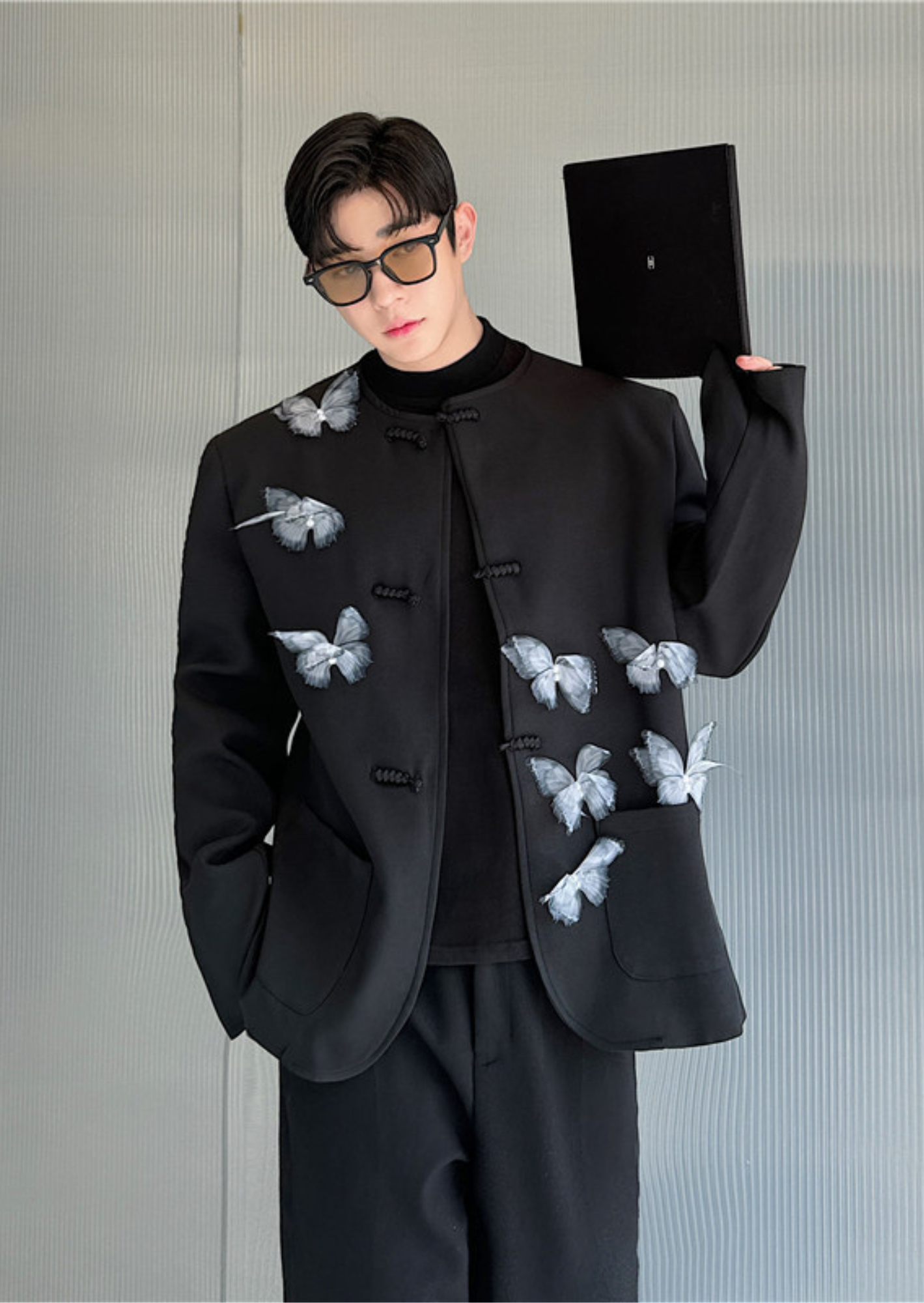 C-Drama Couture Statement -  Mandarin Collar Jacket with 3D Butterfly Appliqué & Knot Closures – BASIC
