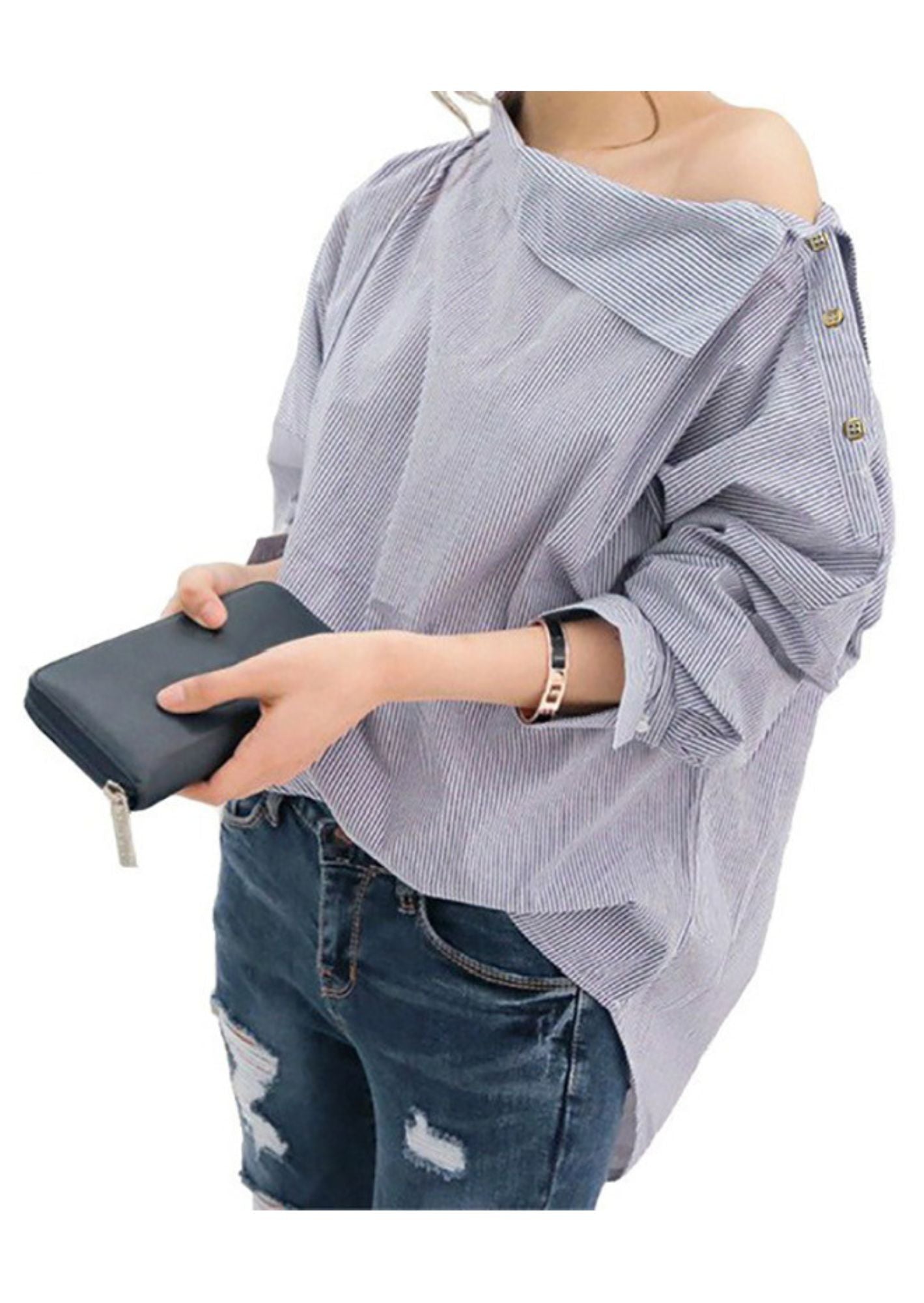 K-Drama Inspired One Shoulder Long Sleeve Shirt with Placket at the Sleeve