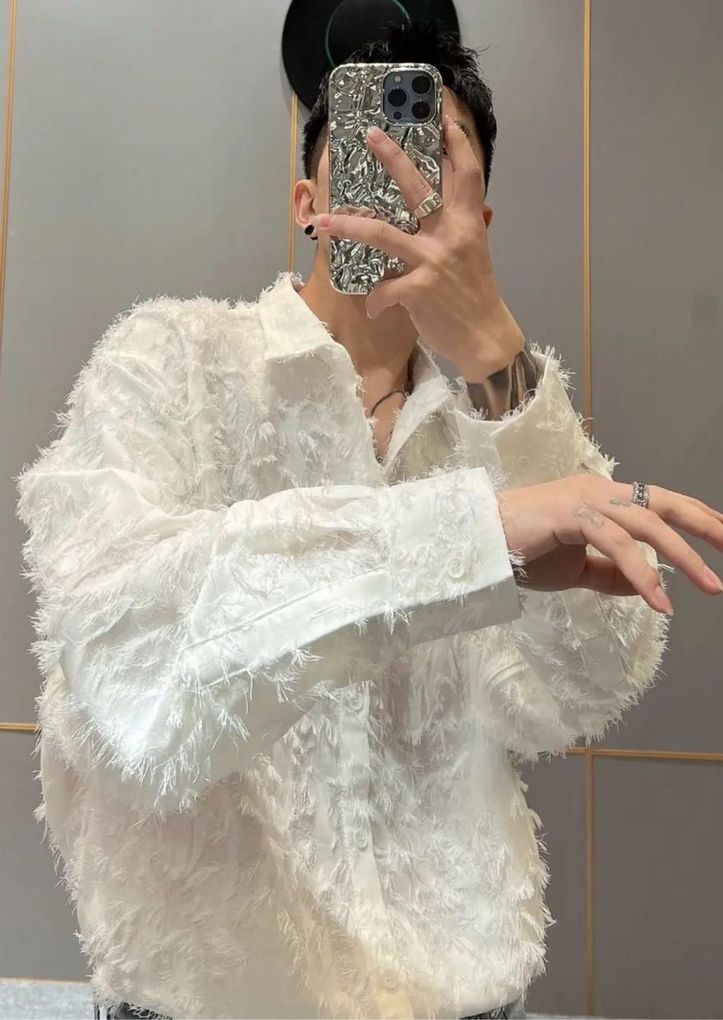 K-Pop Inspired Feather Tassel Textured Shirt