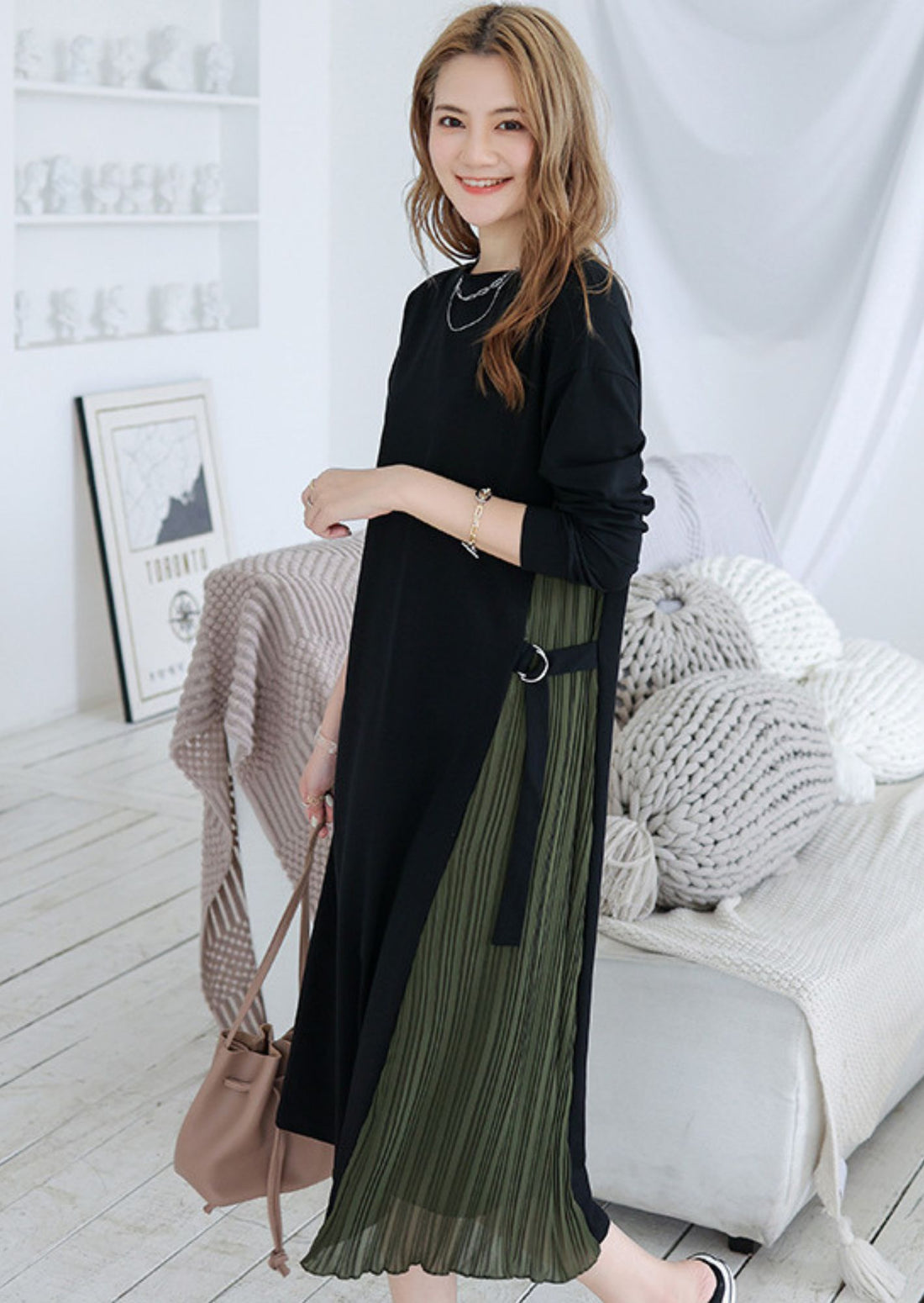 Midi Length Side Pleated Patched Dress