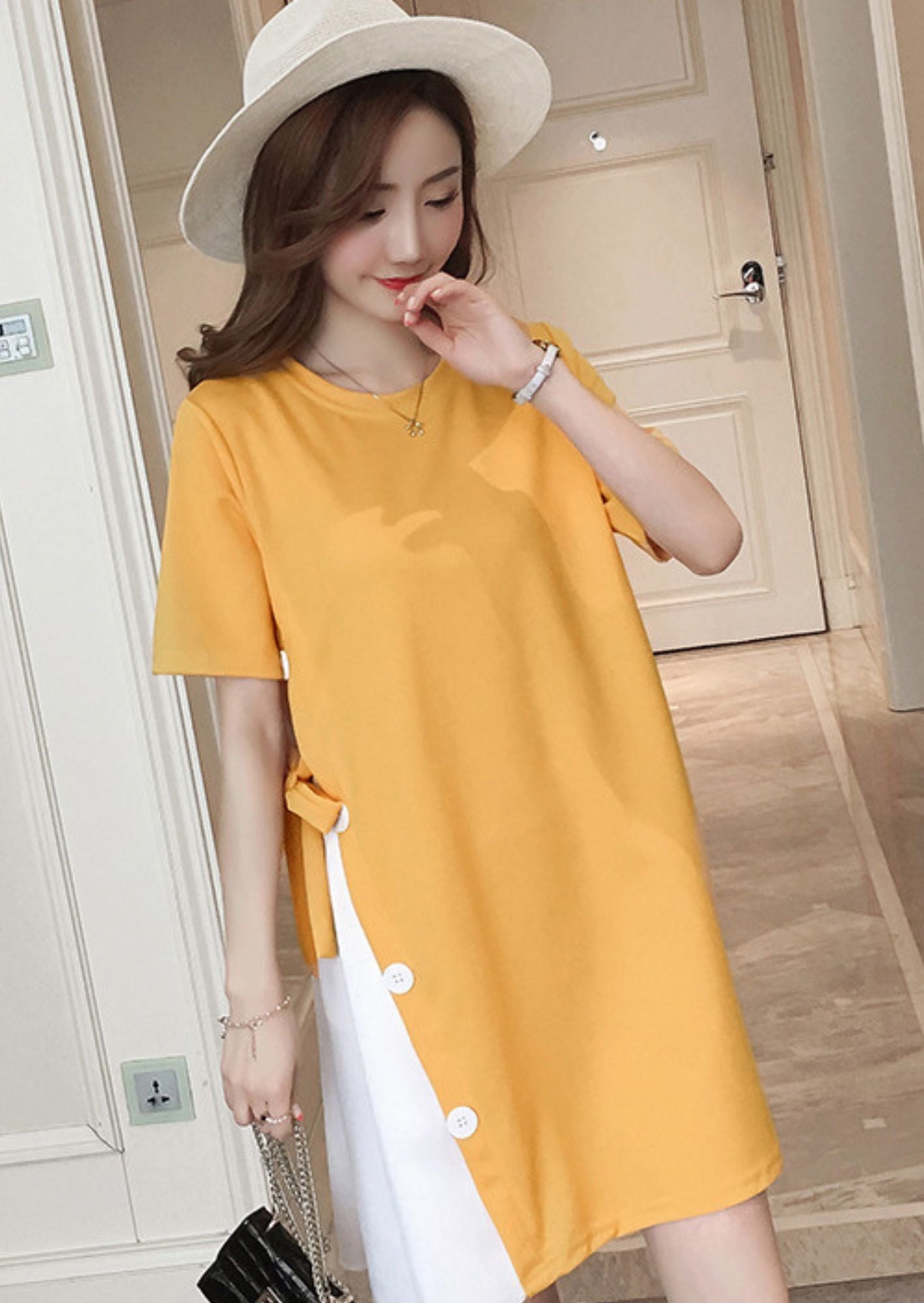 J-Drama Inspired Playful Maternity Dress – Colorblock Yellow & White Tunic with Side Bow and Button Detailing - BASIC
