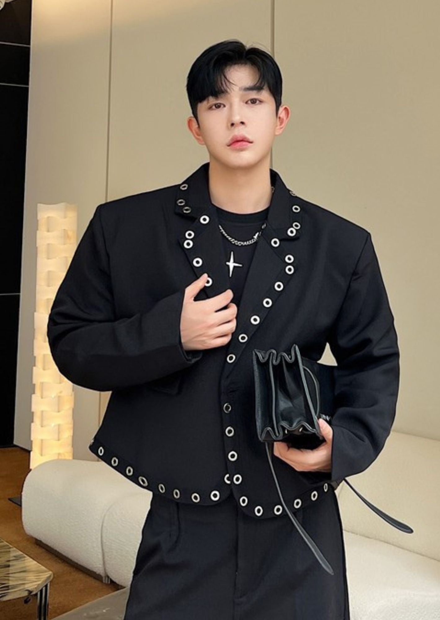 K-Drama Inspired CEO Edge - Power Dressing with a Rebel Twist : Cropped Black Blazer Jacket with Bold Eyelet Detailing – BASIC