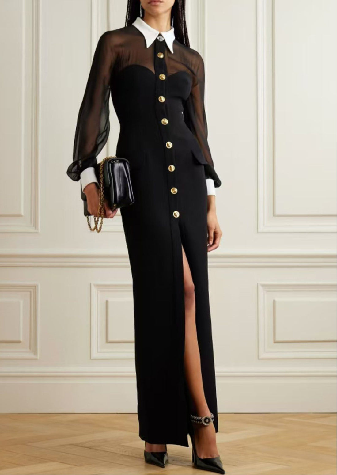 Front Button Opening Long Sleeve Maxi Dress