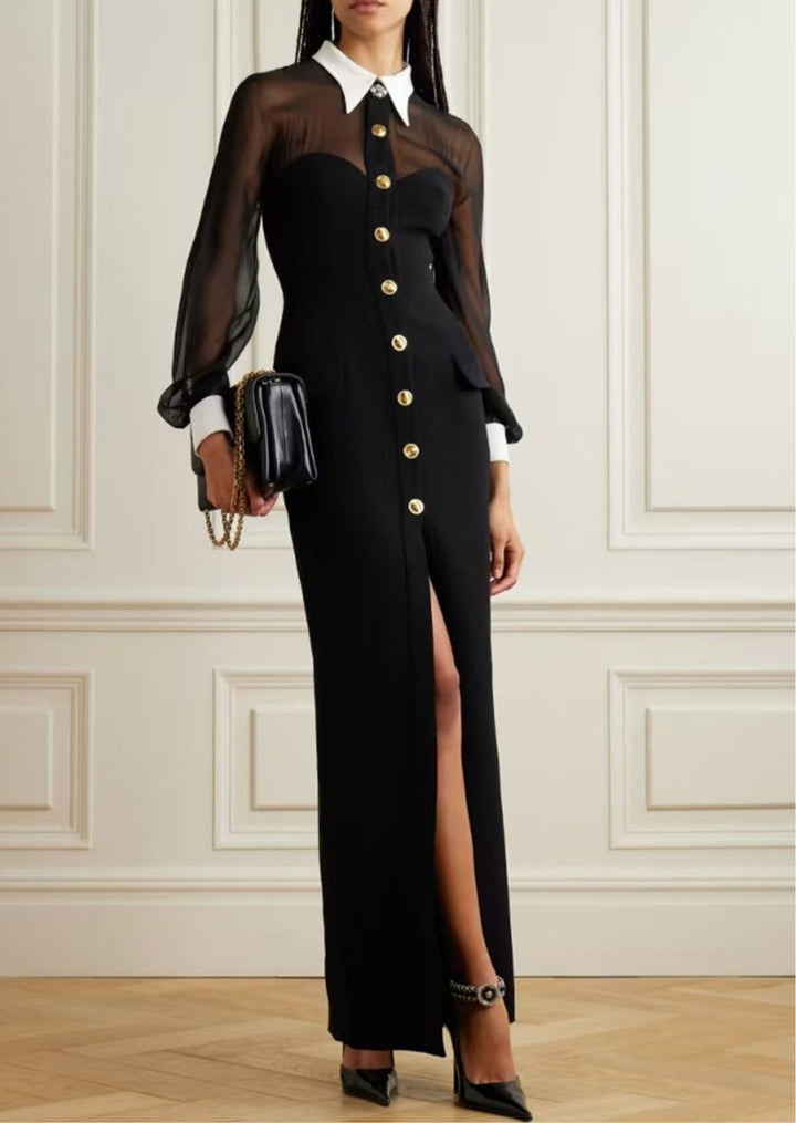 Front Button Opening Long Sleeve Maxi Dress