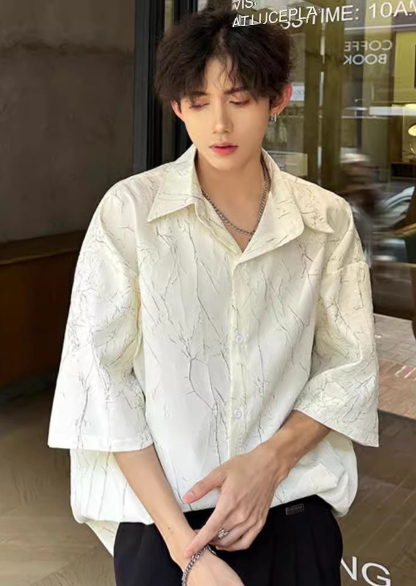 C-Drama Inspired Modern Elegance - White Textured Short-Sleeve Shirt with Marble-Inspired Print – BASIC