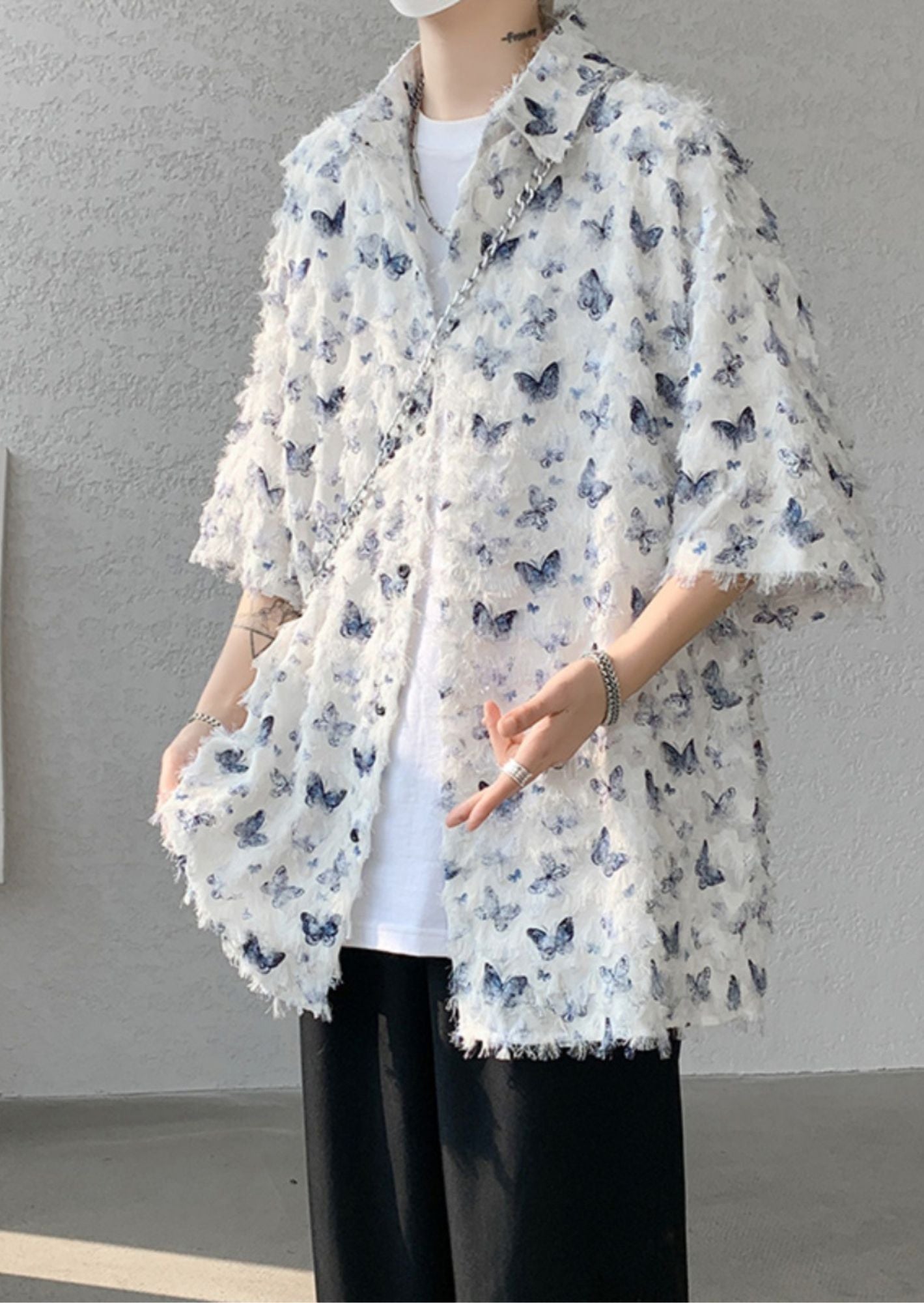 K-Pop Inspired Butterfly Printed Tassel Textured Loose Fitted Shirt