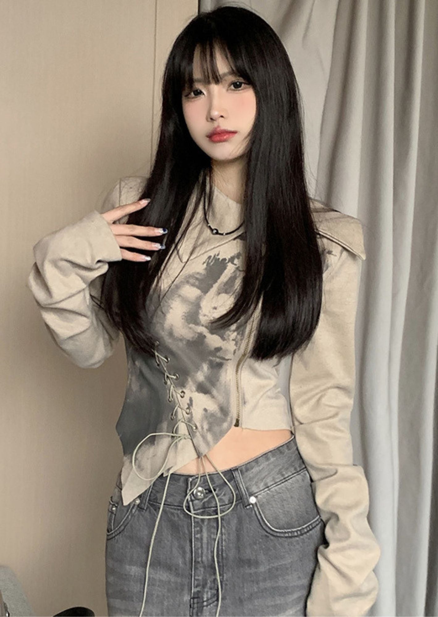 J-Drama Inspired Long Sleeve Collared Top with Zipper Opening and Lace Up Detail