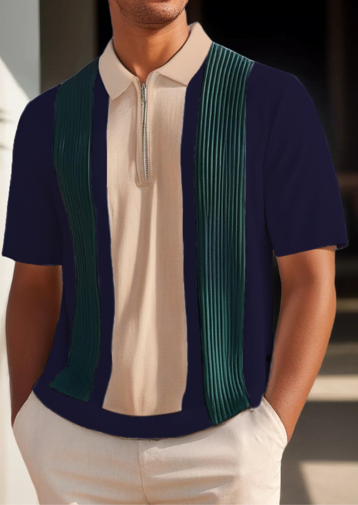 C-Drama Inspired Retro Luxe Style - Colorblock Knit Polo Shirt with Zipper Detail – BASIC