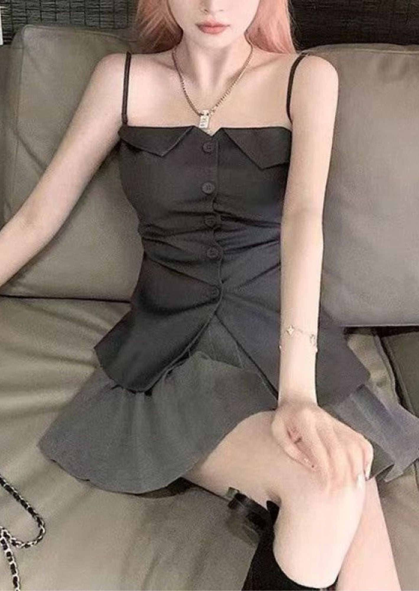 K-Drama Inspired Chic Urban Look - Elegant Button-Front Sleeveless Top with Folded Collar Detail – BASIC